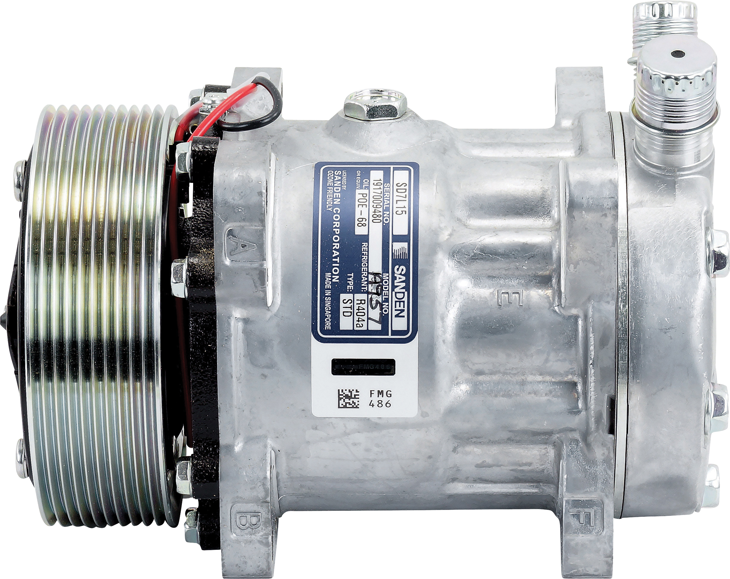 COMPRESSOR, SANDEN, SD7L15 A957, 12V, 10PV, 125MM, VERT O-RING, EAR MOUNT, R404A