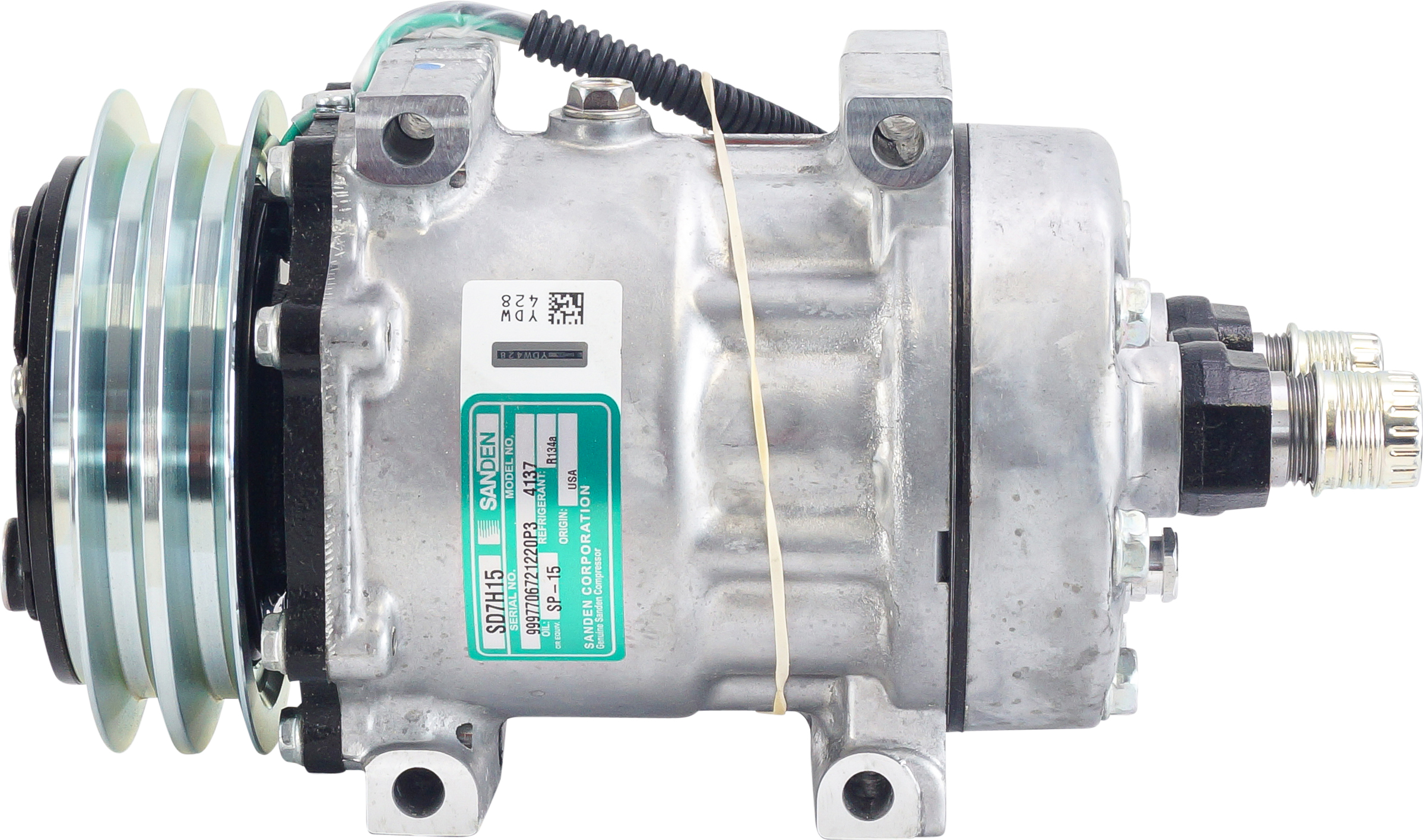 COMPRESSOR, SANDEN, SD7H15, JCB, 24V, 2A, 125MM, REAR GM PAD, GV HEAD, DIRECT MOUNT