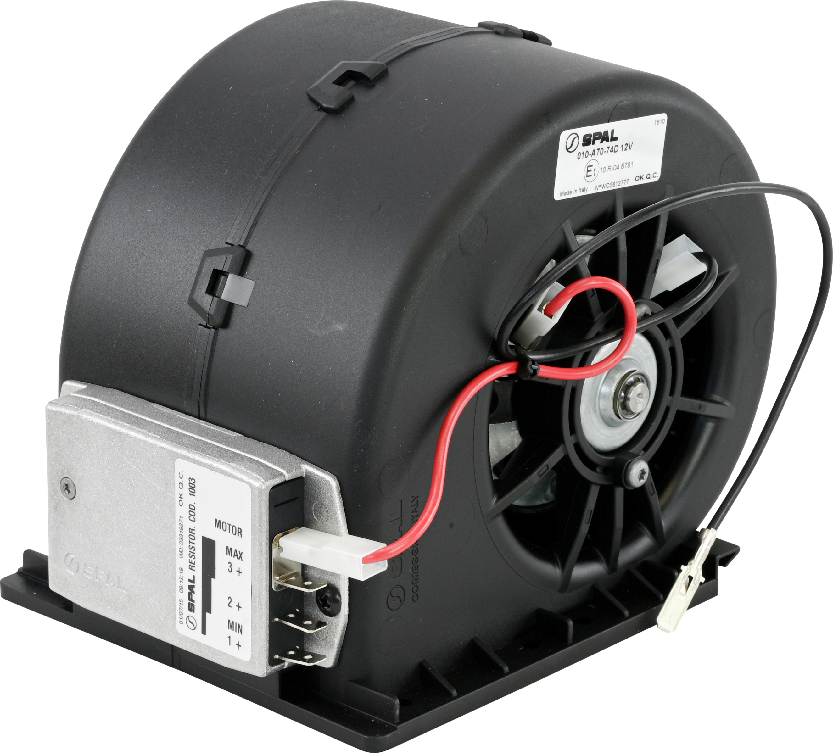 EVAPORATOR BLOWER ASSEMBLY, SINGLE, SPAL, 12V, 3-SPD, UNIVERSAL, PLASTIC CASE SIDEWINDER, WITH BLOCK