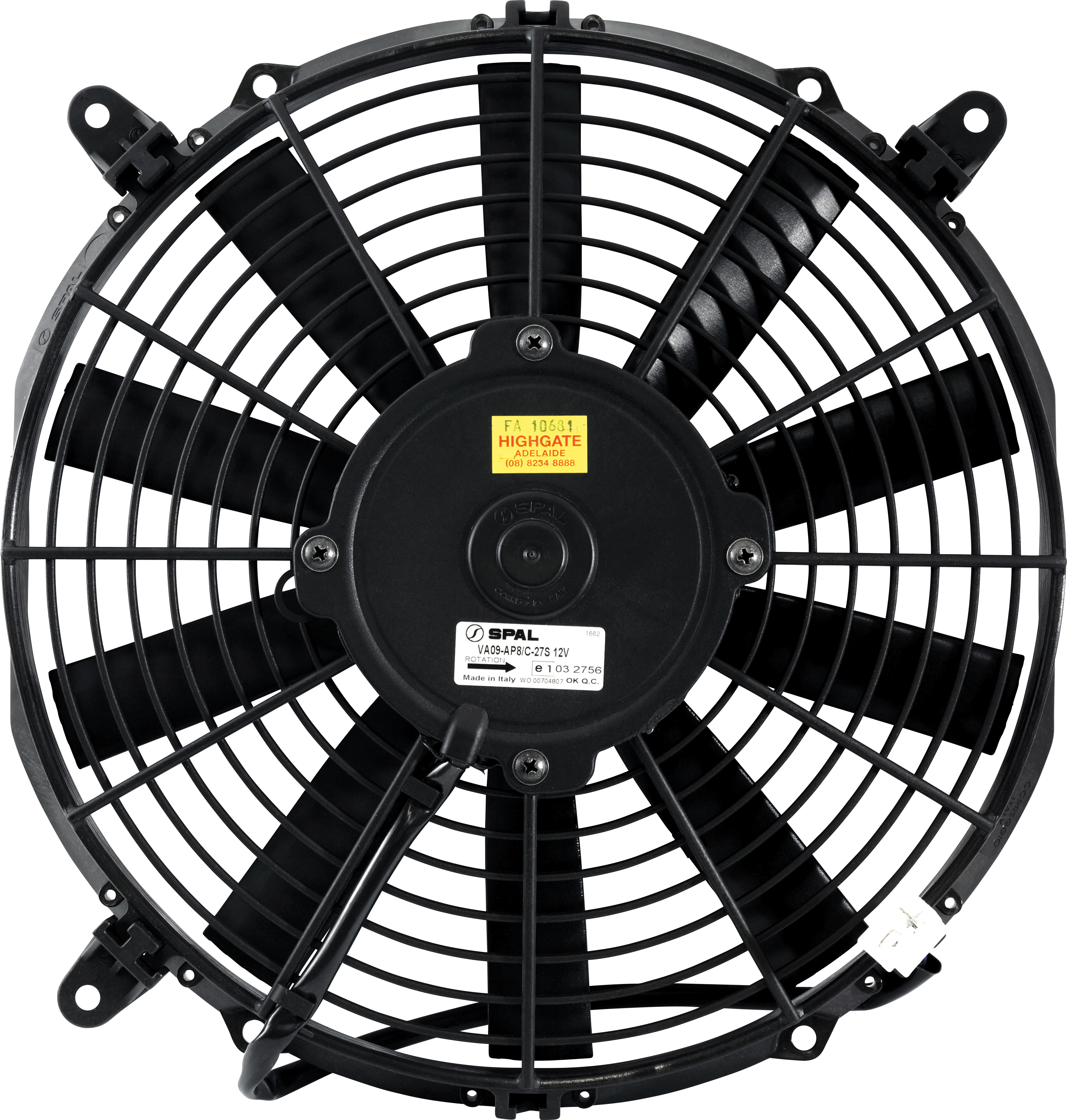 FAN, CONDENSER, SPAL, 12V, 280MM (11 INCH), PUSHER, STRAIGHT BLADE, PREMIUM MOTOR