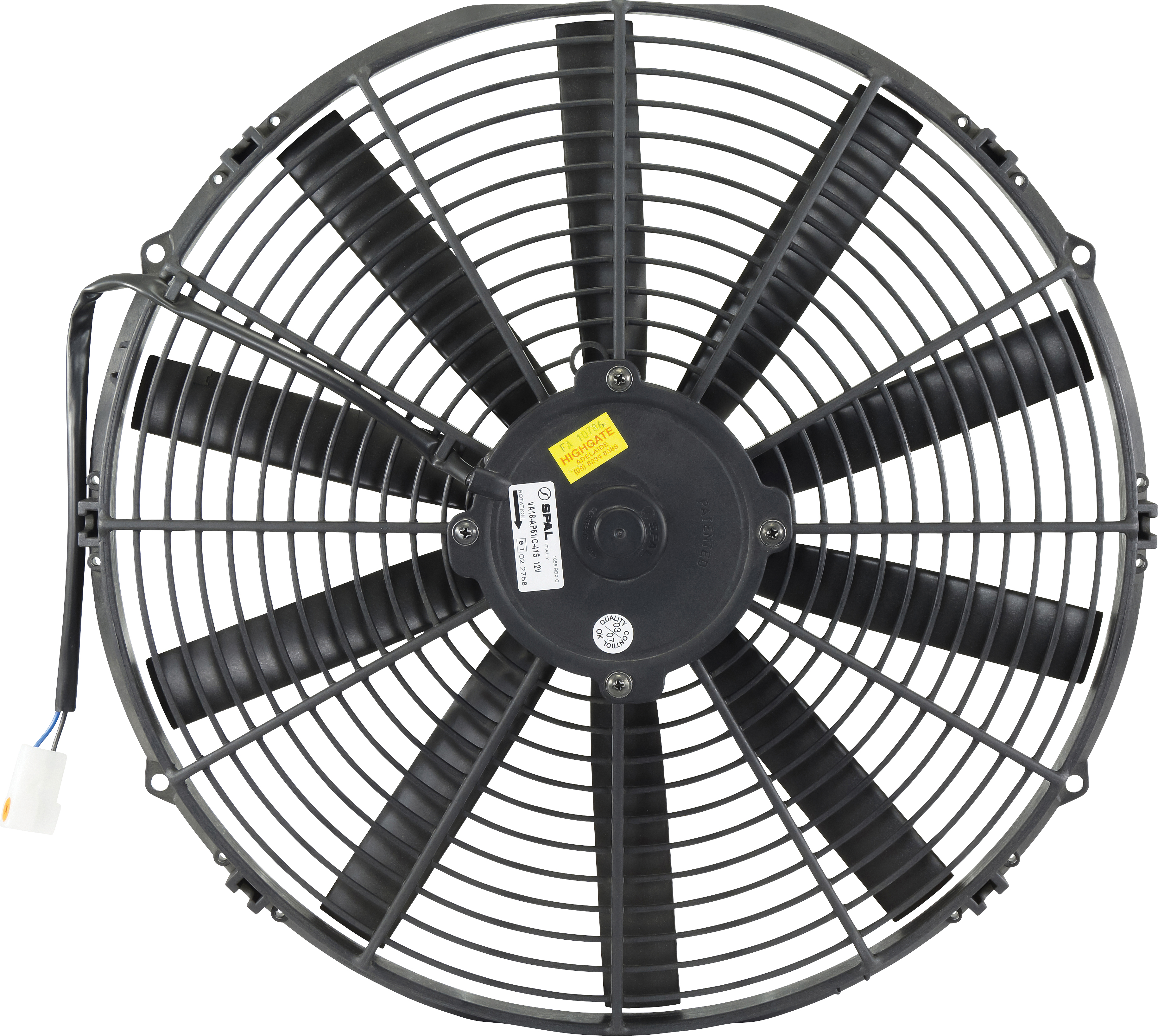 FAN, CONDENSER, SPAL, 12V, 385MM (16 INCH), PUSHER, STRAIGHT BLADE, PREMIUM MOTOR