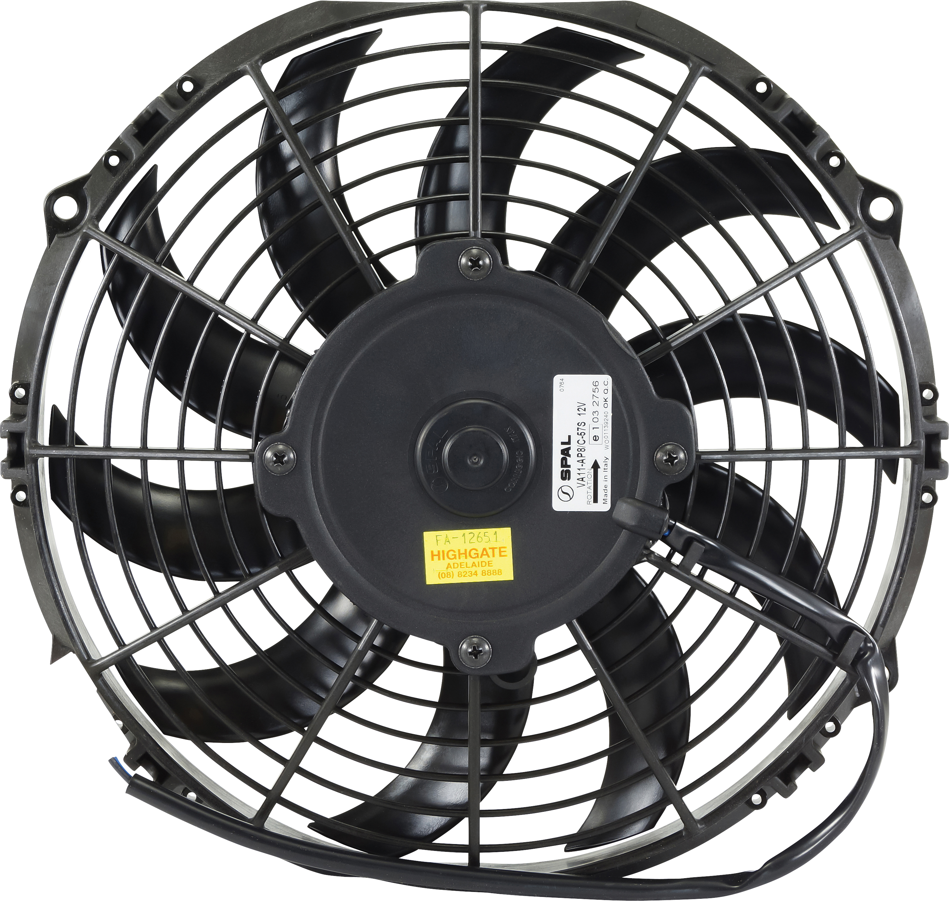 FAN, CONDENSER, SPAL, 12V, 255MM (10 INCH), PUSHER, SKEW BLADE, PREMIUM MOTOR