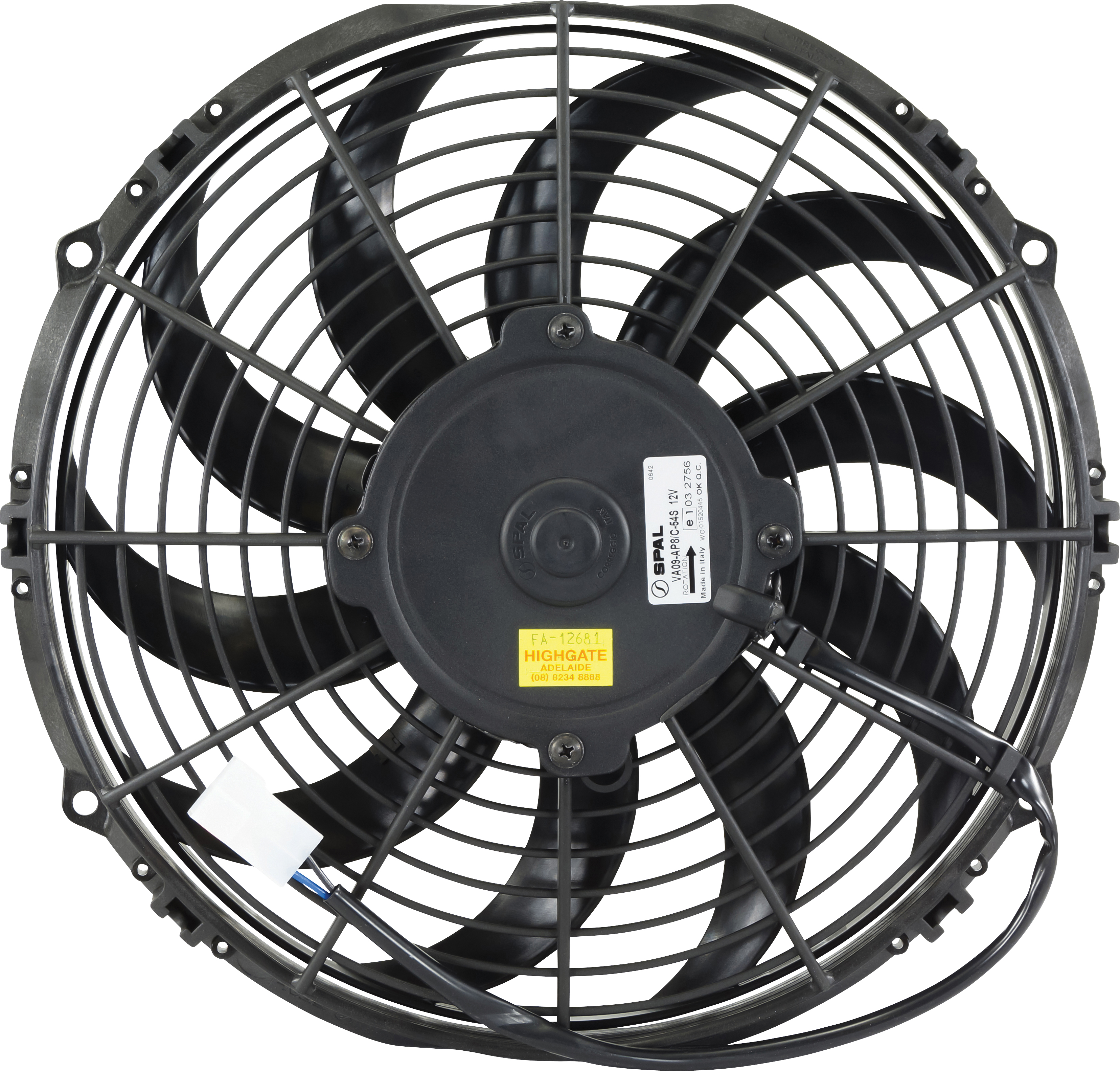 FAN, CONDENSER, SPAL, 12V, 280MM (11 INCH), PUSHER, SKEW BLADE, PREMIUM MOTOR