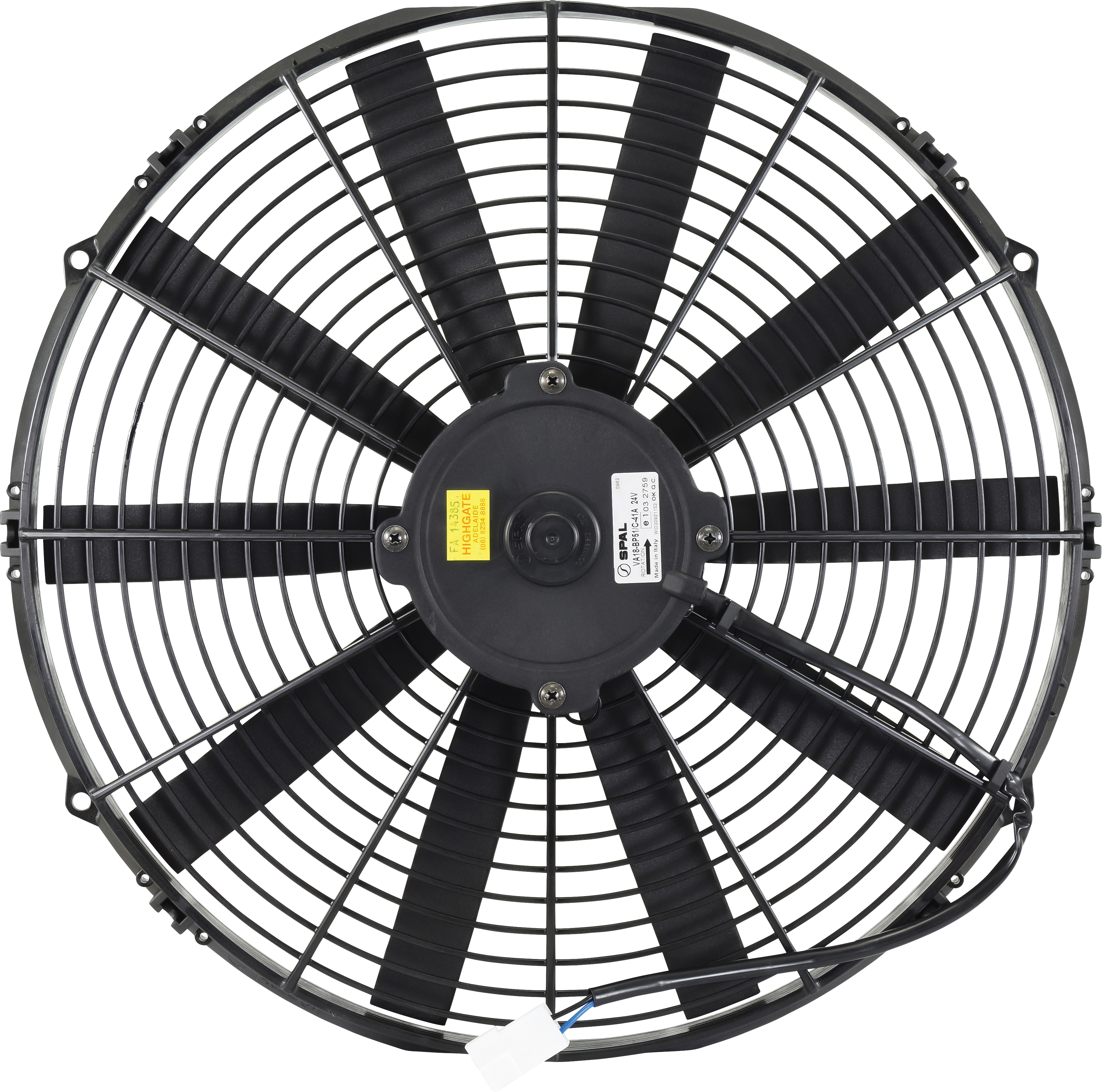 FAN, CONDENSER, SPAL, 24V, 385MM (16 INCH), PULLER, STRAIGHT BLADE, PREMIUM MOTOR