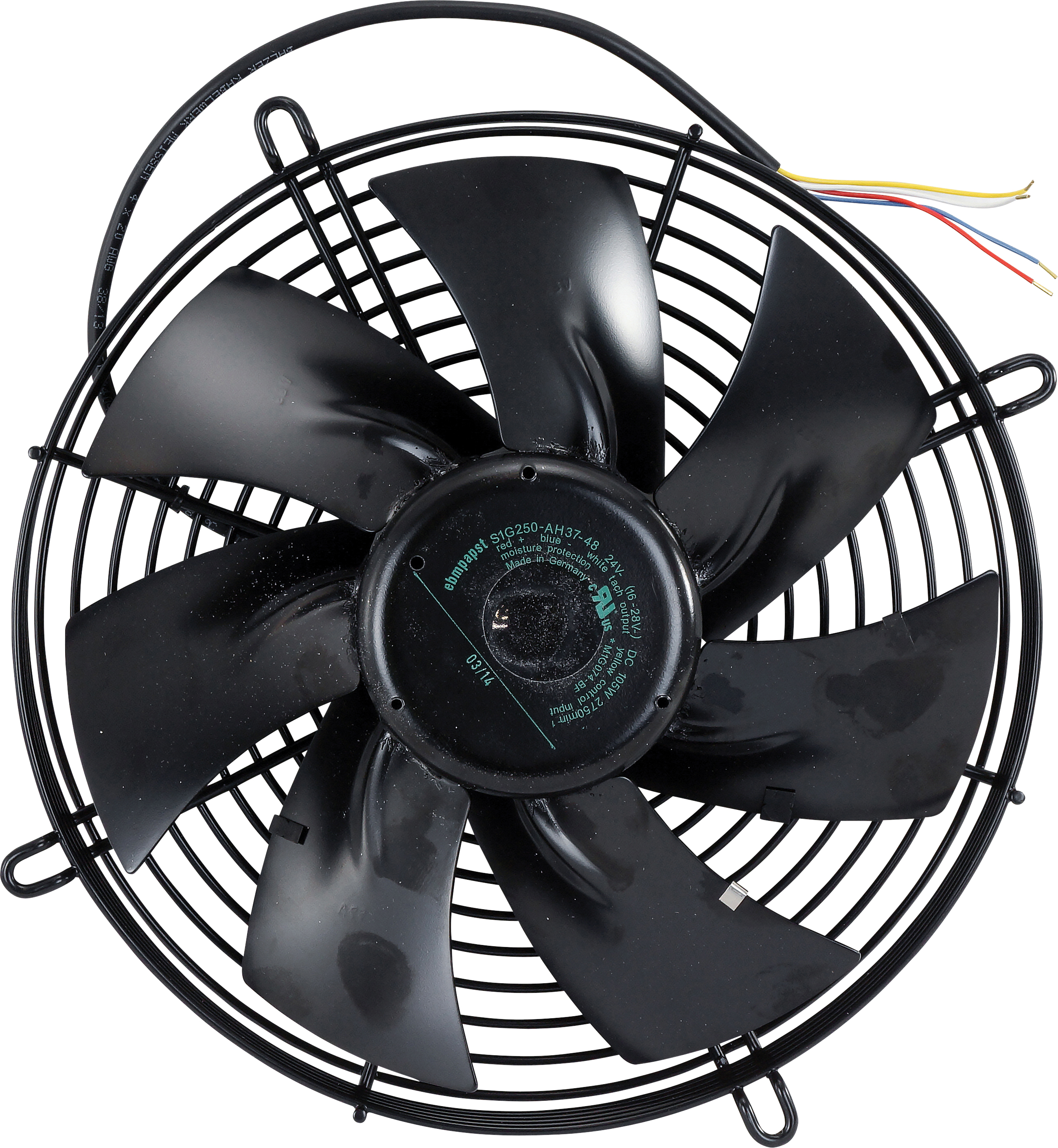FAN, CONDENSER, EBM, 24V, 279MM (10 INCH), PULLER, SKEW BLADE, BRUSHLESS MOTOR, STEEL