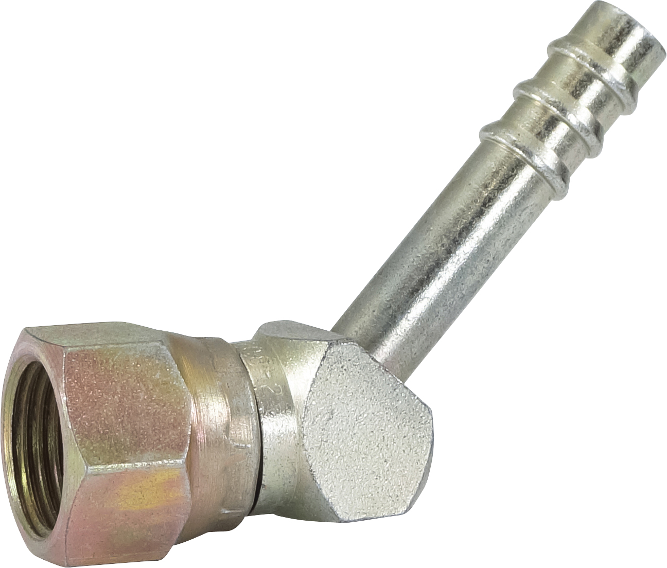 HOSE FITTING, BARB, FF, 45 DEG, #6, STEEL