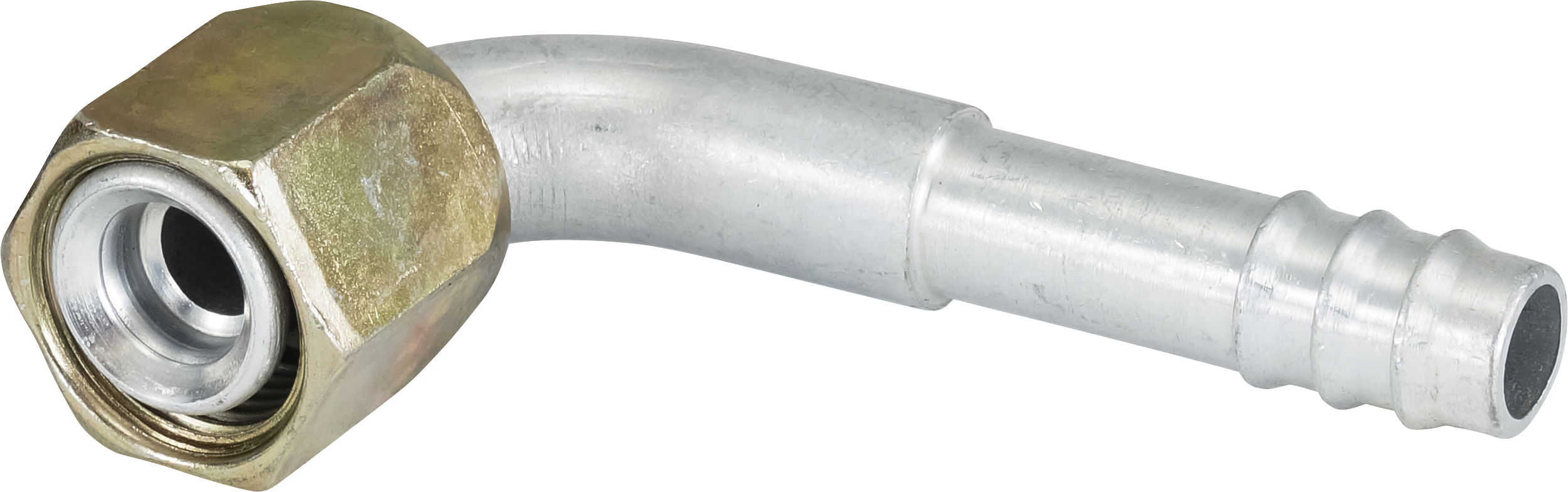 HOSE FITTING, BARB, FF, 90 DEG, #8, ALUMINIUM