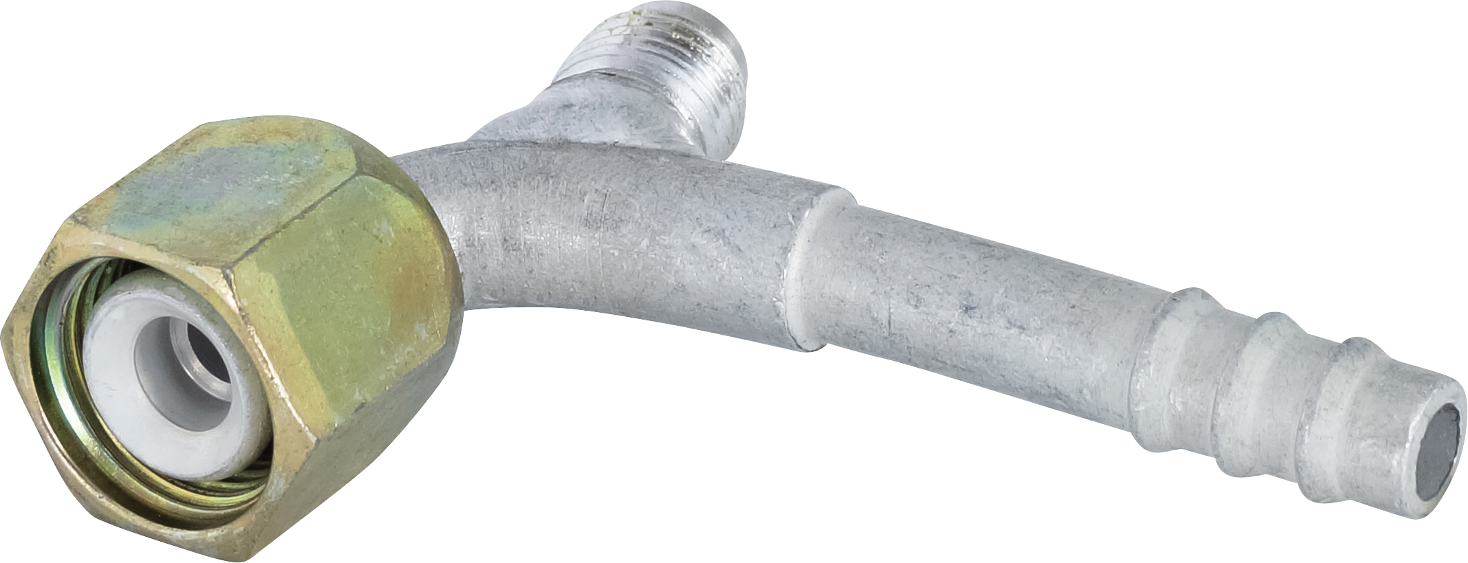 HOSE FITTING, BARB, FF, 90 DEG, #6, ALUMINIUM, R12 ACCESS