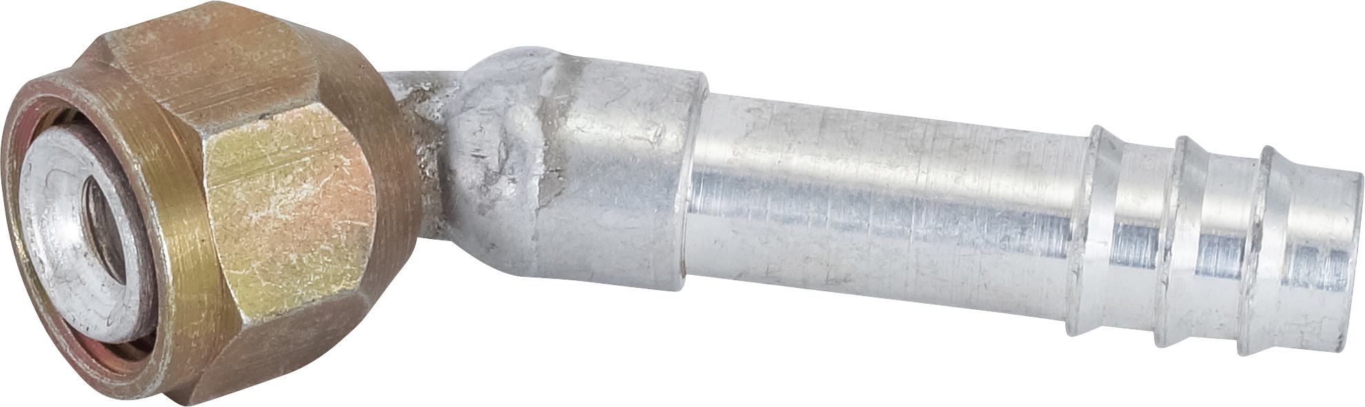 HOSE FITTING, BARB, FF, 45 DEG, #6, #8, ALUMINIUM, STEP-UP