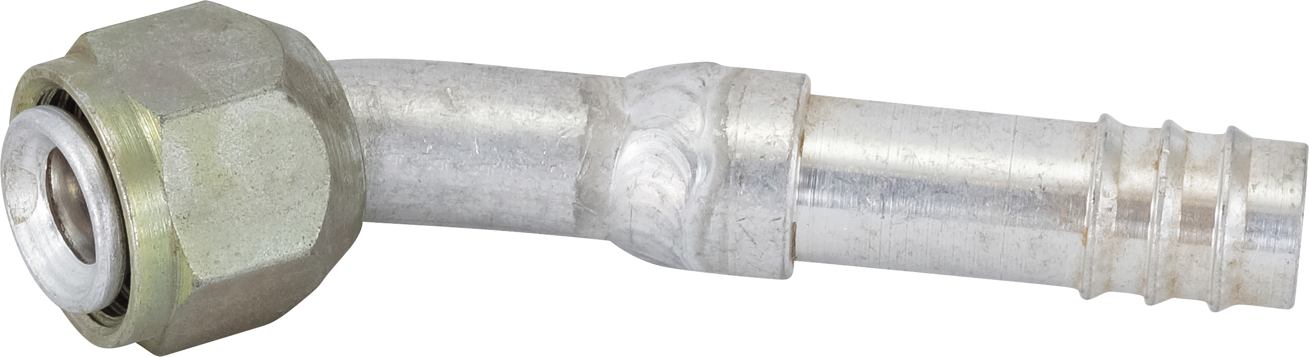 HOSE FITTING, BARB, FF, 45 DEG, #8, #10, ALUMINIUM, STEP-UP