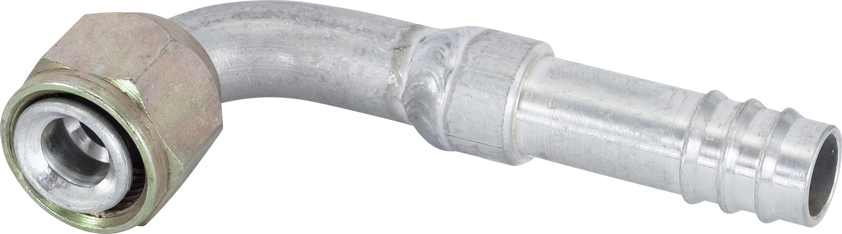 HOSE FITTING, BARB, FF, 90 DEG, #8, #10, ALUMINIUM, STEP-UP