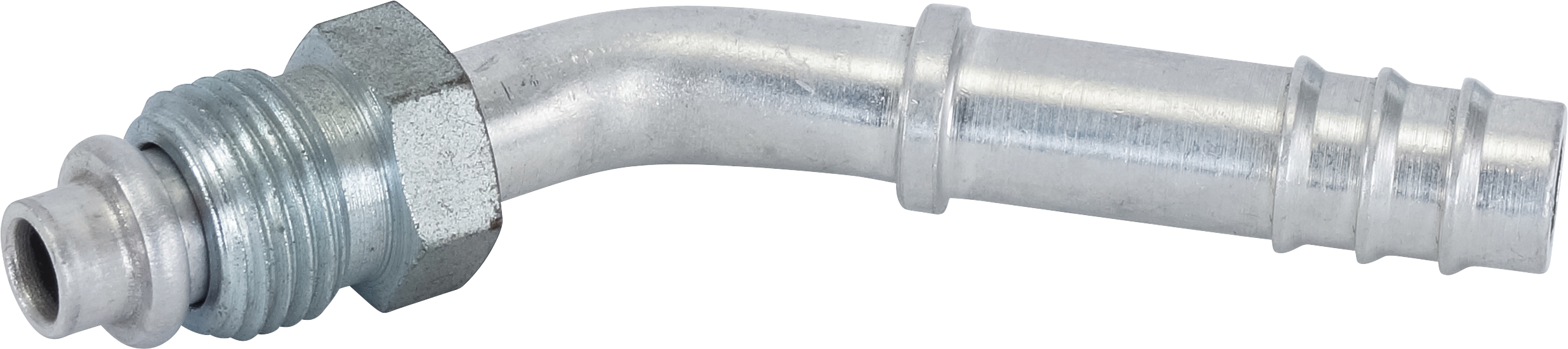 HOSE FITTING, BARB, MOR, 45 DEG, #6, #8, ALUMINIUM, STEP-UP