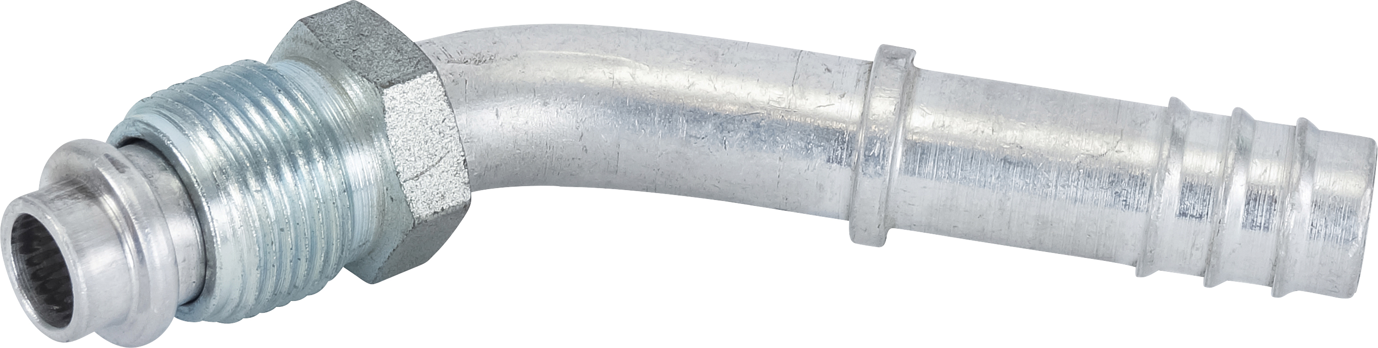 HOSE FITTING, BARB, MOR, 45 DEG, #8, #10, ALUMINIUM, STEP-UP