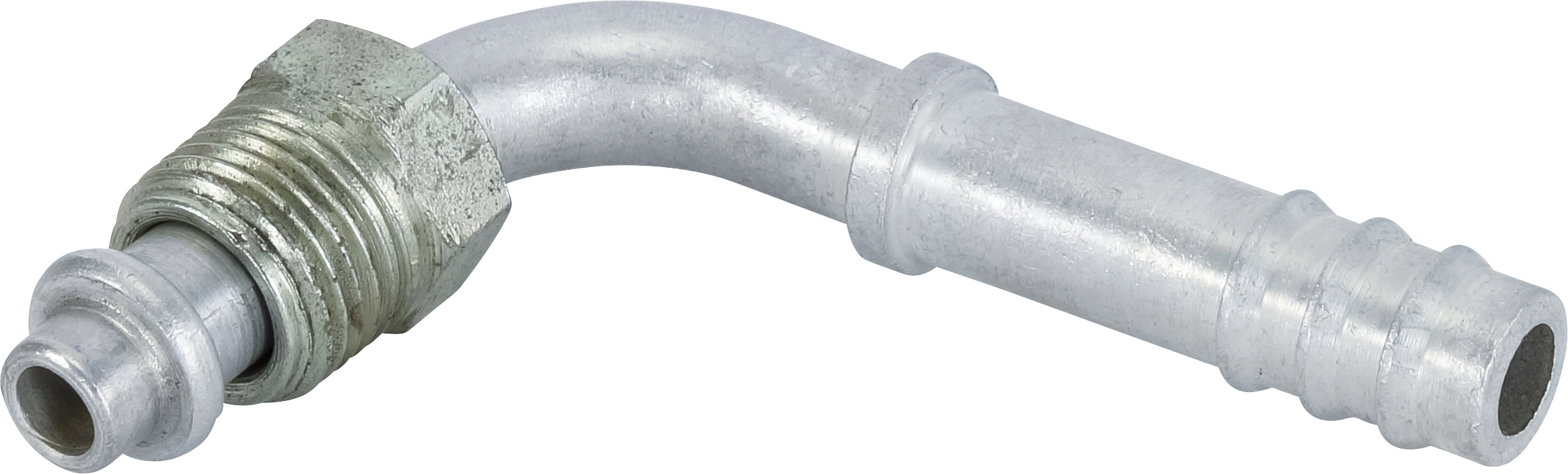HOSE FITTING, BARB, MOR, 90 DEG, #6, #8, ALUMINIUM, STEP-UP