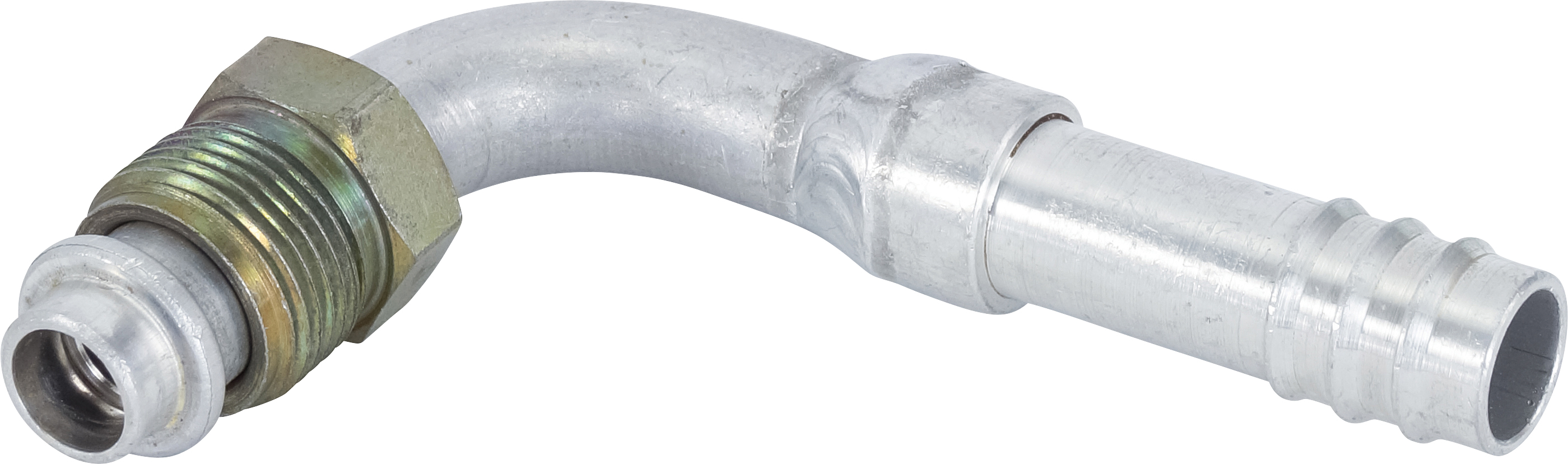 HOSE FITTING, BARB, MOR, 90 DEG, #8, #10, ALUMINIUM, STEP-UP