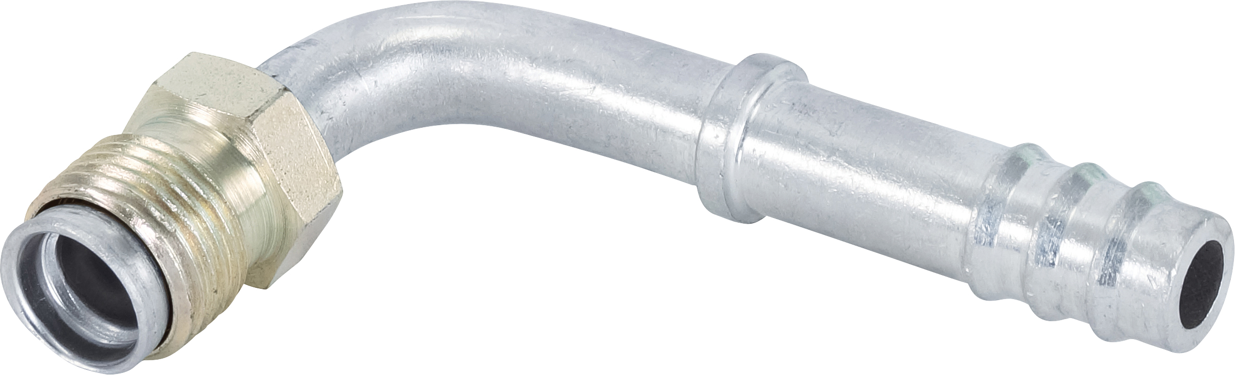 HOSE FITTING, BARB, MIO, 90 DEG, #6, #8, ALUMINIUM, STEP-UP