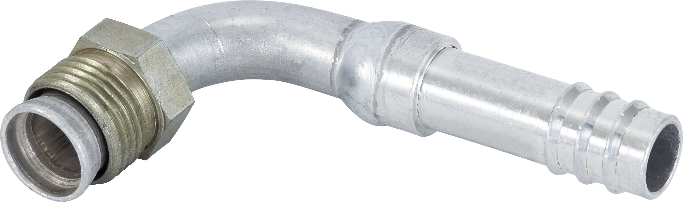 HOSE FITTING, BARB, MIO, 90 DEG, #8, #10, ALUMINIUM, STEP-UP