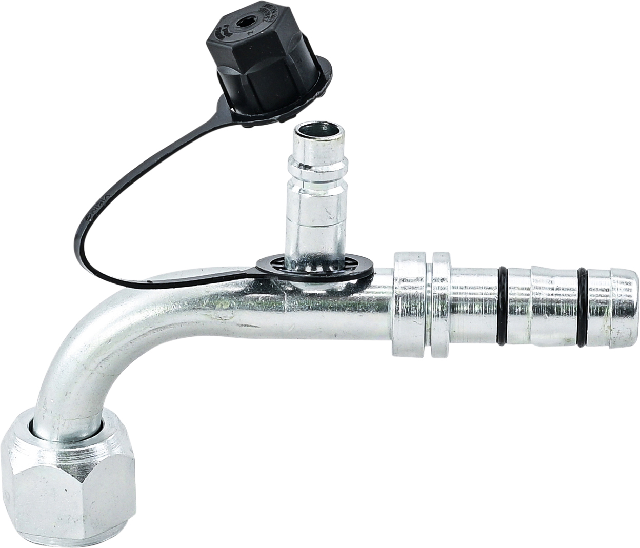 HOSE FITTING, EATON, E-Z CLIP, FOR, 90 DEG, #10-#12, STEEL, STEP-UP, WITH R134A ACCESS