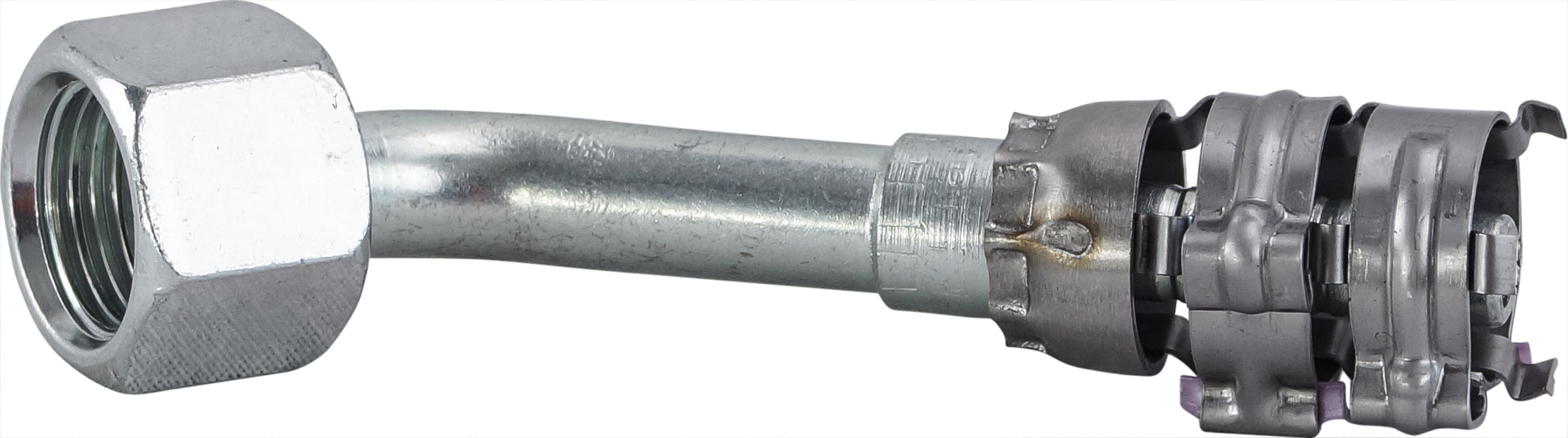 HOSE FITTING, SUPERFLEX HD, FEMALE ORFS, 45 DEG, #6, STEEL, WITH CLIPS