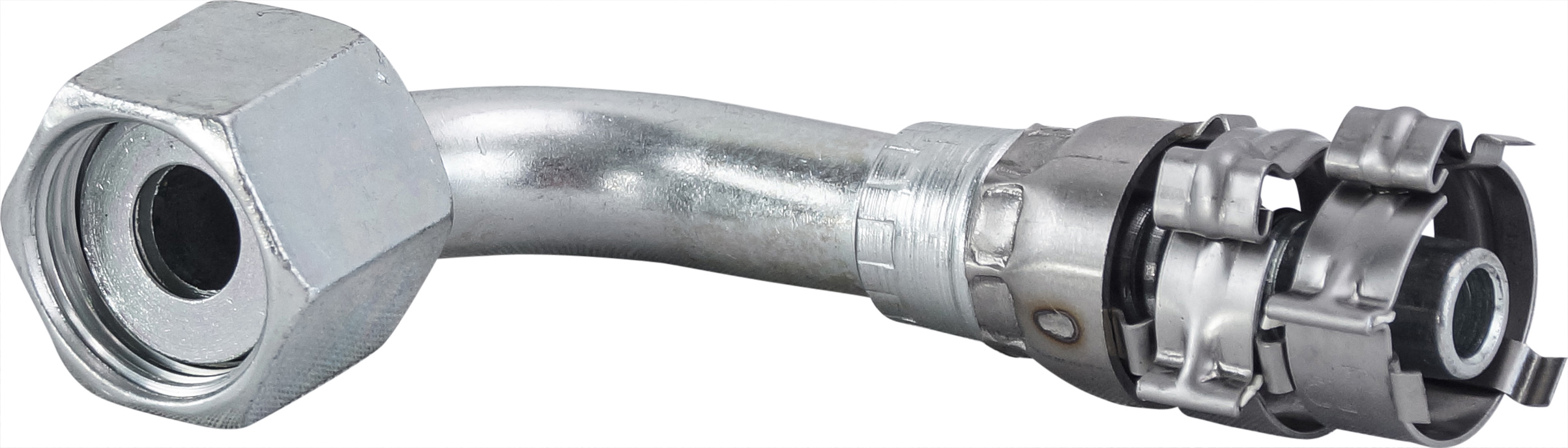 HOSE FITTING, SUPERFLEX HD, FEMALE ORFS, 90 DEG, #8, STEEL, WITH CLIPS