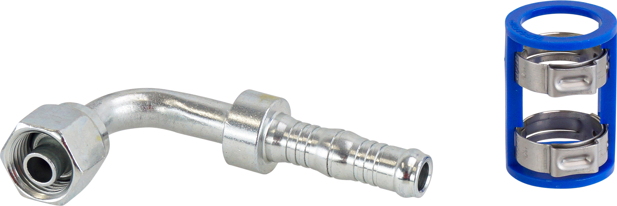 HOSE FITTING, LOCKCLIP, 90 DEG STEP UP, #6-#8