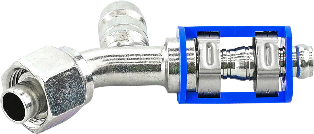 HOSE FITTING, LOKCLIP, FOR, 45 DEG, #8, STEEL, REDUCED BARRIER, R134A ACCESS