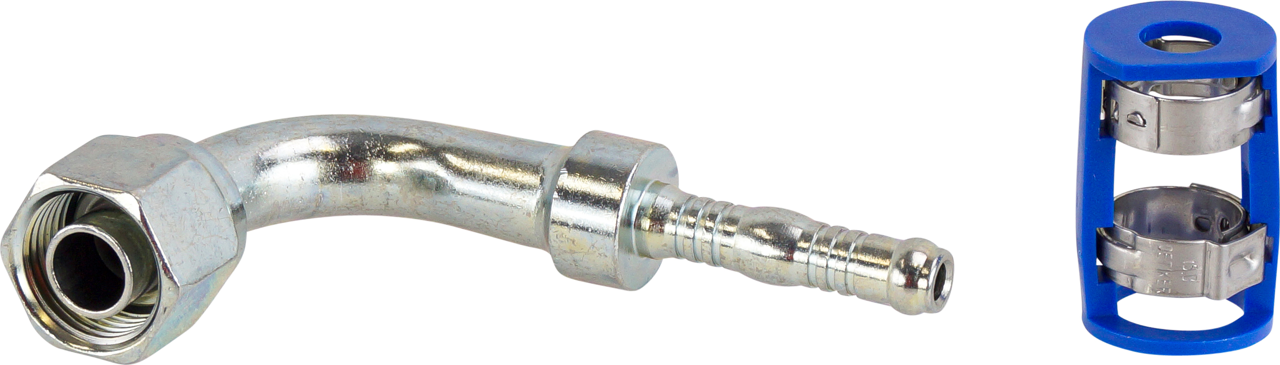 HOSE FITTING, LOKCLIP, FOR, 90 DEG, #8-#6, STEEL, STEP-DOWN, REDUCED BARRIER