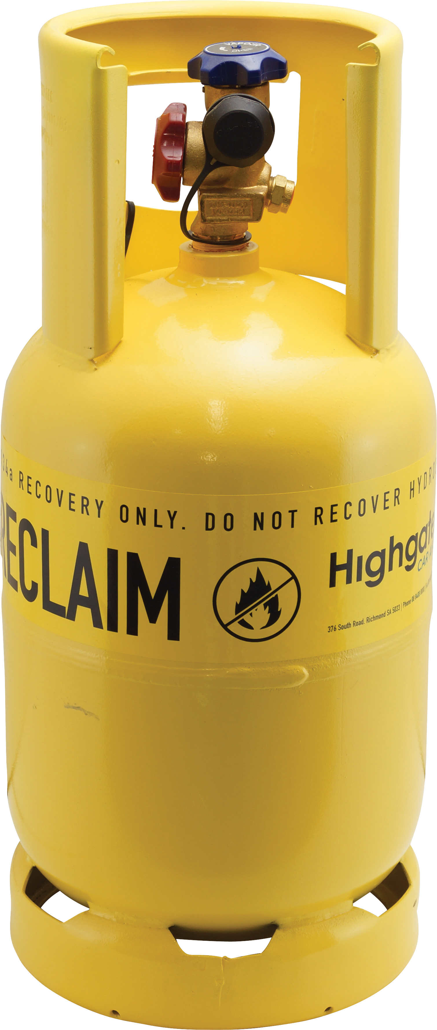 REFRIGERANT CYLINDER, 12KG, RECOVERY, TWIN TAP, SINGLE OUTLET, PICK-UP TUBE RECON, LEMON YELLOW