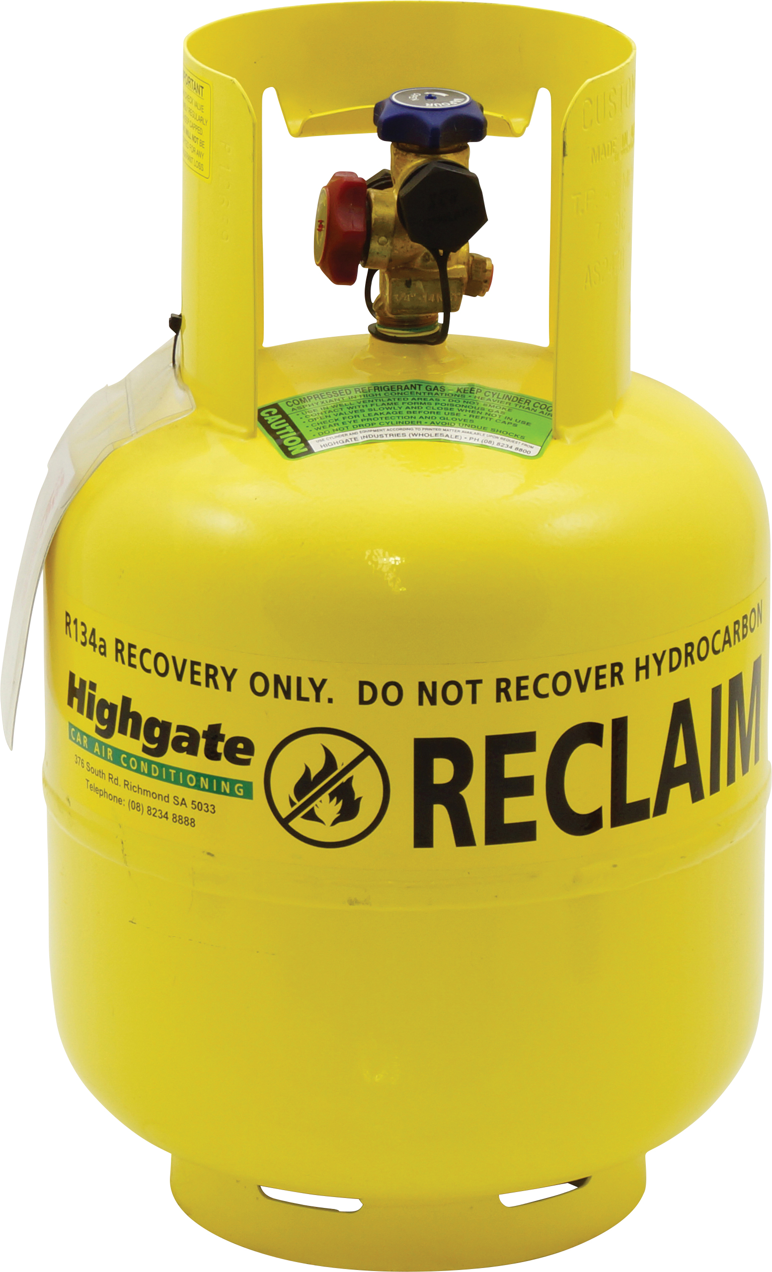 REFRIGERANT CYLINDER, 22KG, RECOVERY, TWIN TAP, SINGLE OUTLET, PICK-UP TUBE RECON, LEMON YELLOW