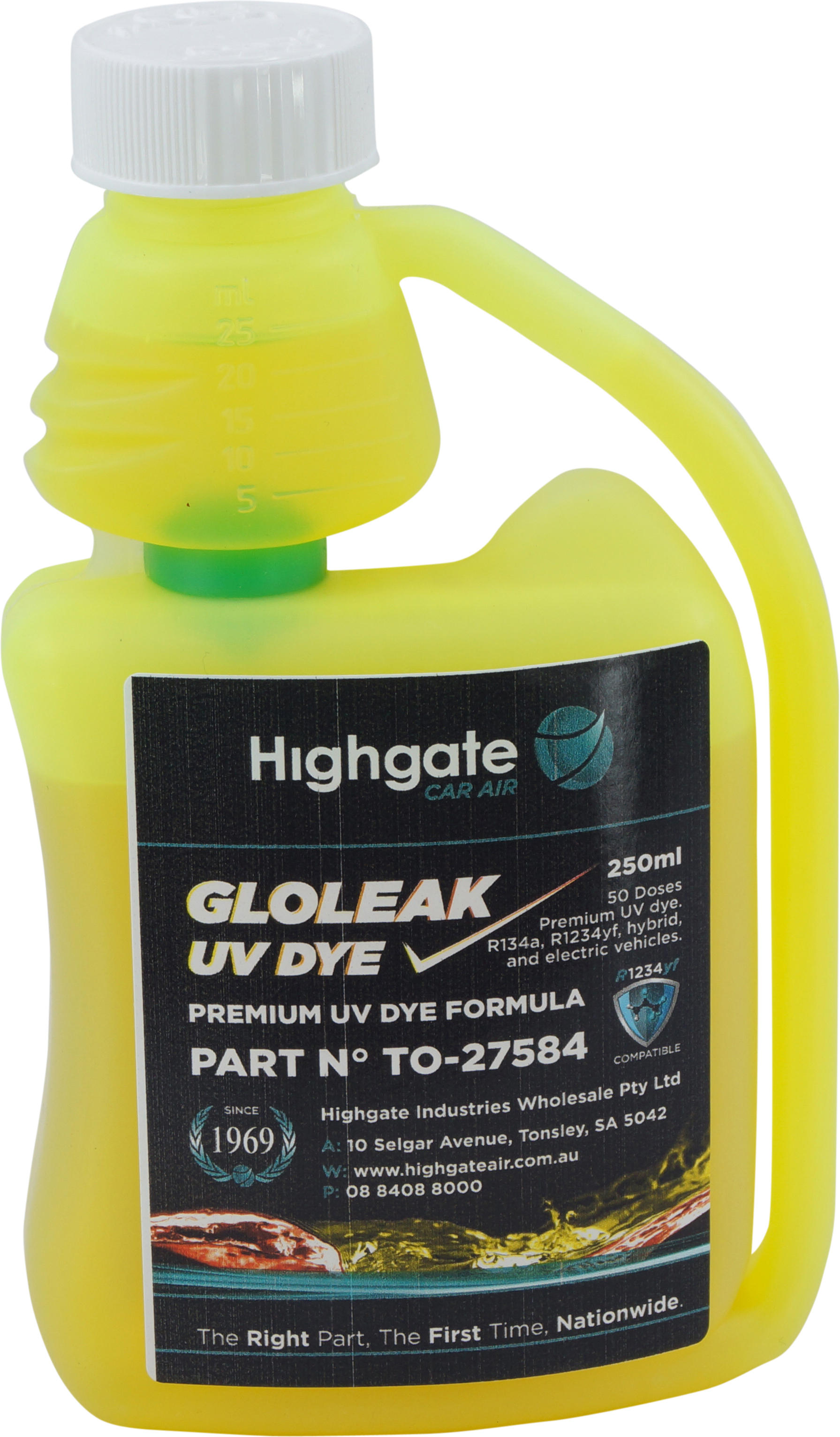 UV DYE, 250ML, R134A, R1234YF, HYBRID, EV, 50 DOSE PREMIUM FORMULA