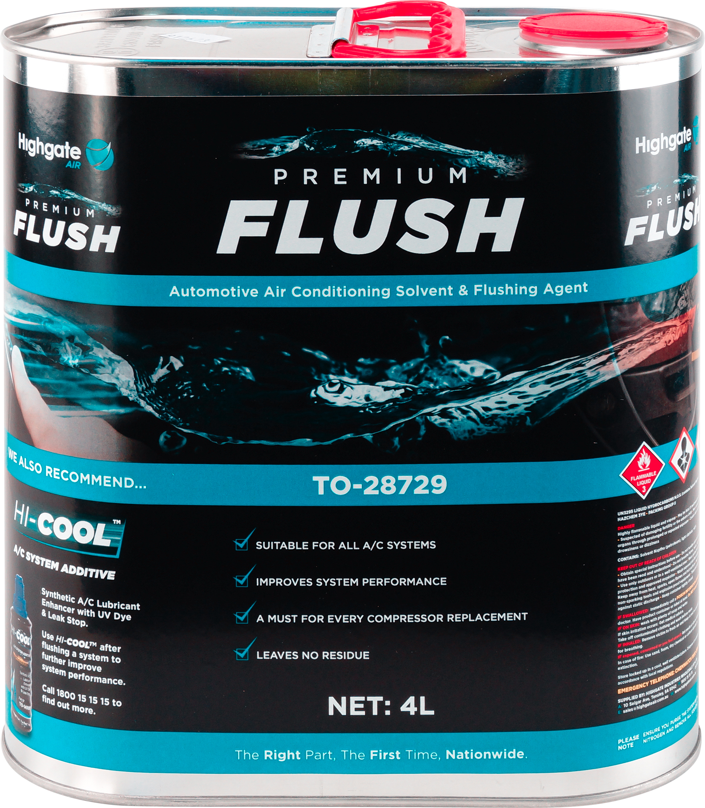 FLUSH SOLVENT, 4L CAN, PREMIUM, HI-COOL FLUSH, R134A, R12, NON REFRIGERANT, SUITS TO-28760
