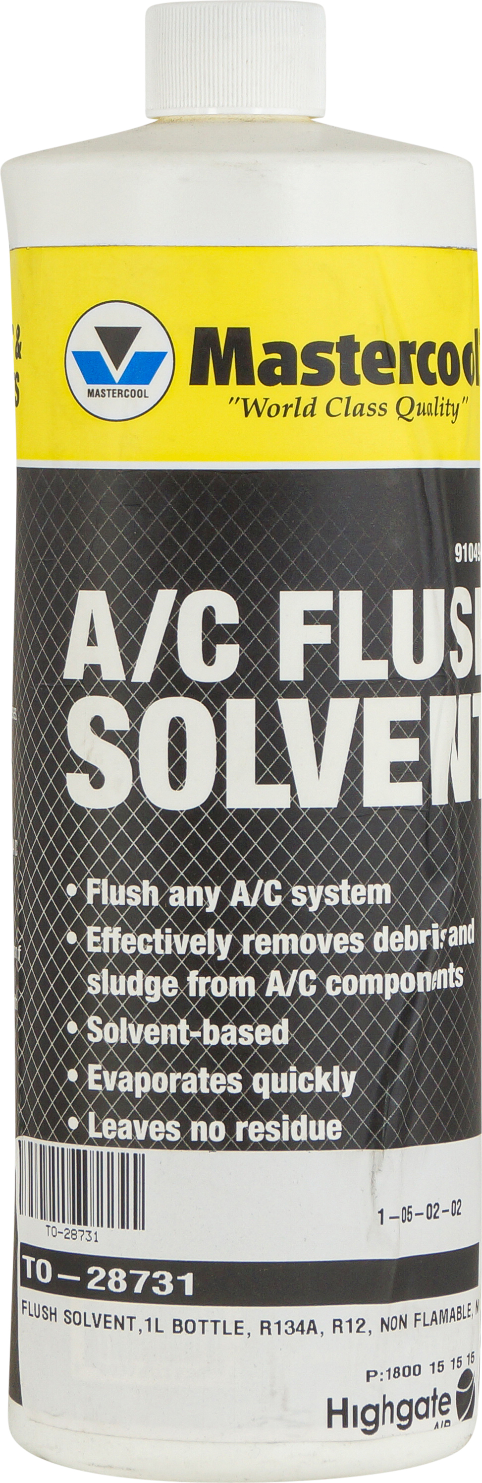 FLUSH SOLVENT,1L BOTTLE, R134A, R12, NON FLAMABLE, NON REFRIGERANT, MASTERCOOL, SUITS TO-28763