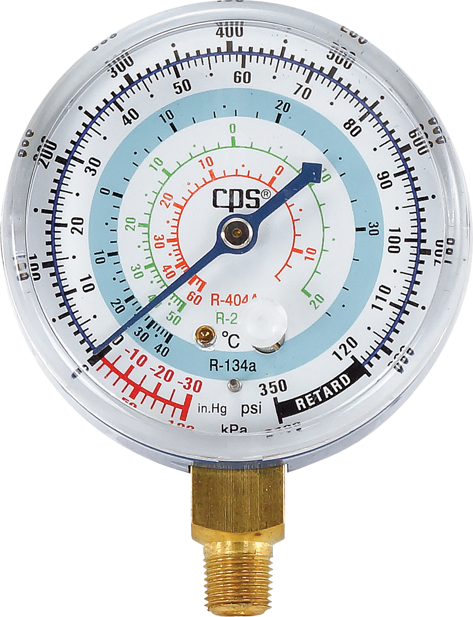 LOW PRESSURE GAUGE, CPS, R134A KPA/PSI, BOURDON, STEEL CASE, BLUE