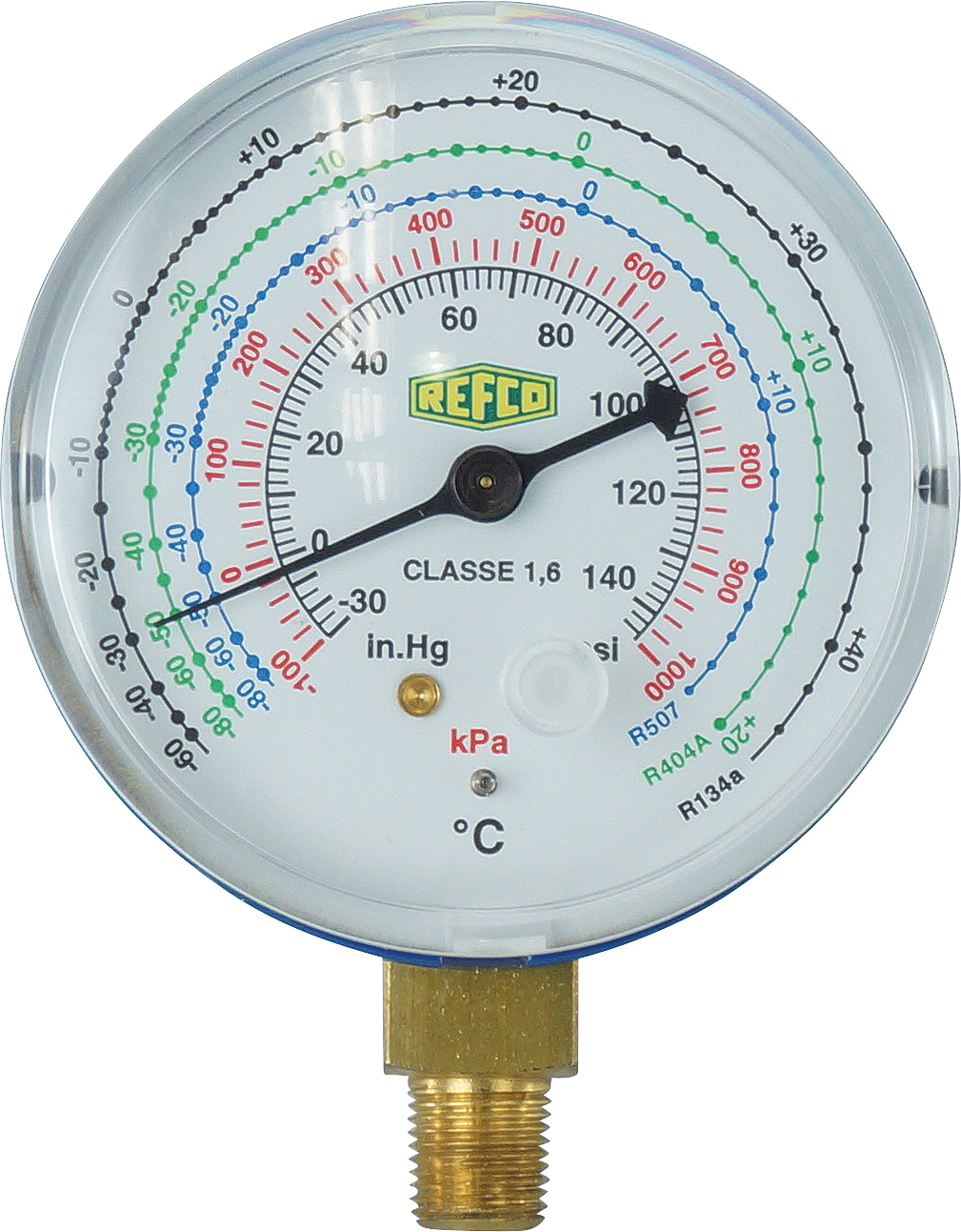 LOW PRESSURE GAUGE, REFCO, R134A KPA/PSI, BOURDON, STEEL CASE, BLUE