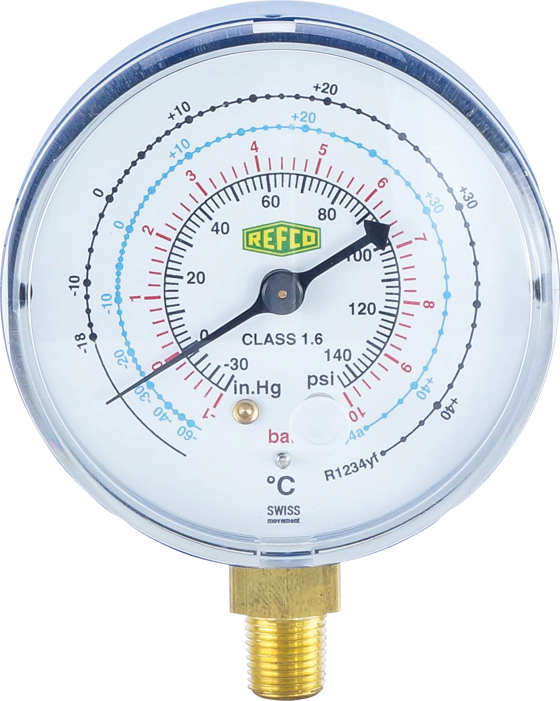 LOW PRESSURE GAUGE, REFCO, R1234YF KPA/PSI, BOURDON, PLASTIC CASE, BLUE