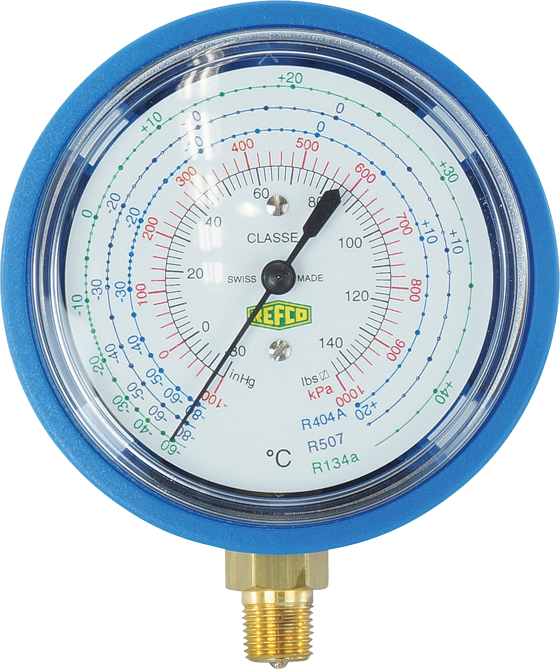 LOW PRESSURE GAUGE, REFCO, R134A KPA/PSI, BELLOWS, PLASTIC CASE, BLUE