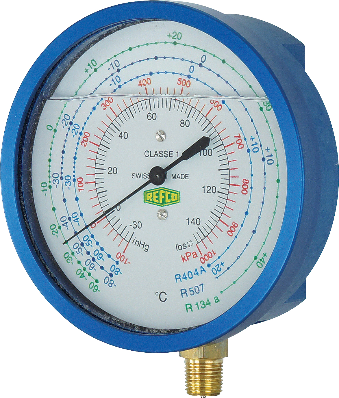 LOW PRESSURE GAUGE, REFCO, R134A KPA/PSI, LIQUID FILLED, BLUE