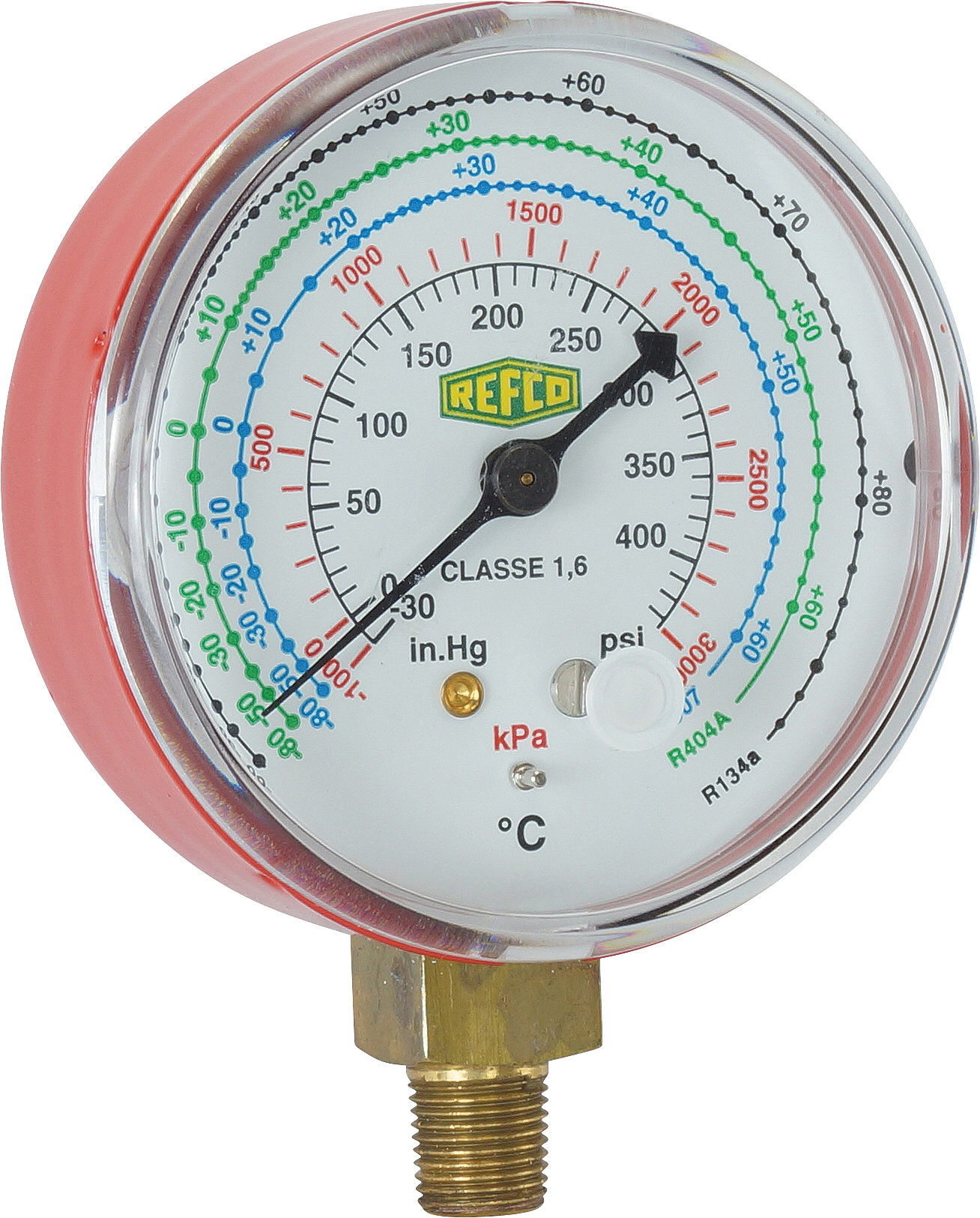 HIGH PRESSURE GAUGE, REFCO, R134A KPA/PSI, BOURDON, STEEL CASE REDDIAL