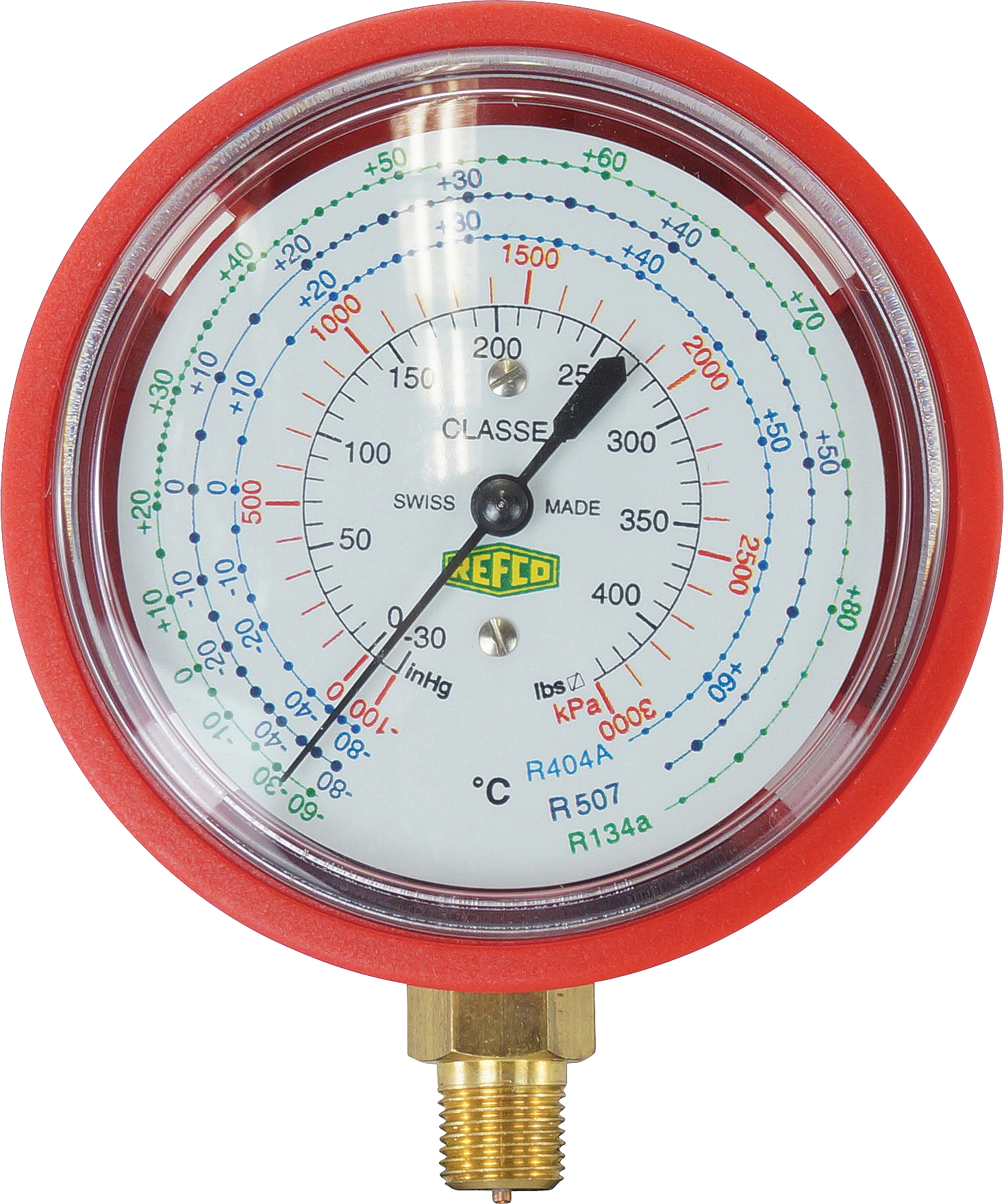 HIGH PRESSURE GAUGE, REFCO, R134A KPA/PSI, BELLOWS, PLASTIC CASE, RED