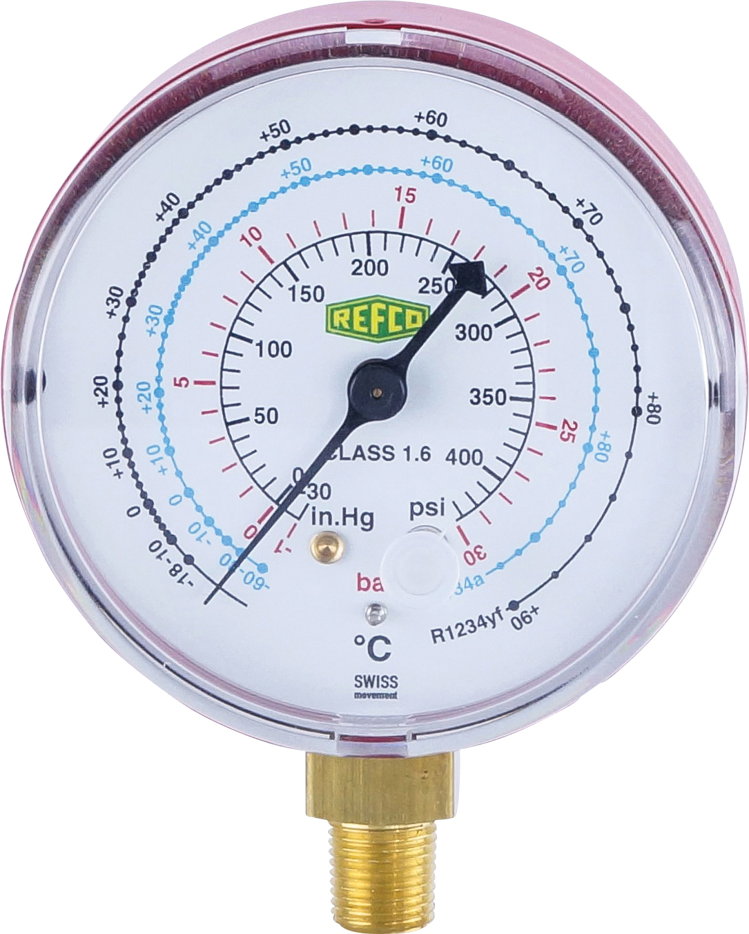HIGH PRESSURE GAUGE, REFCO, R1234YF KPA/PSI, BOURDON, PLASTIC CASE, RED