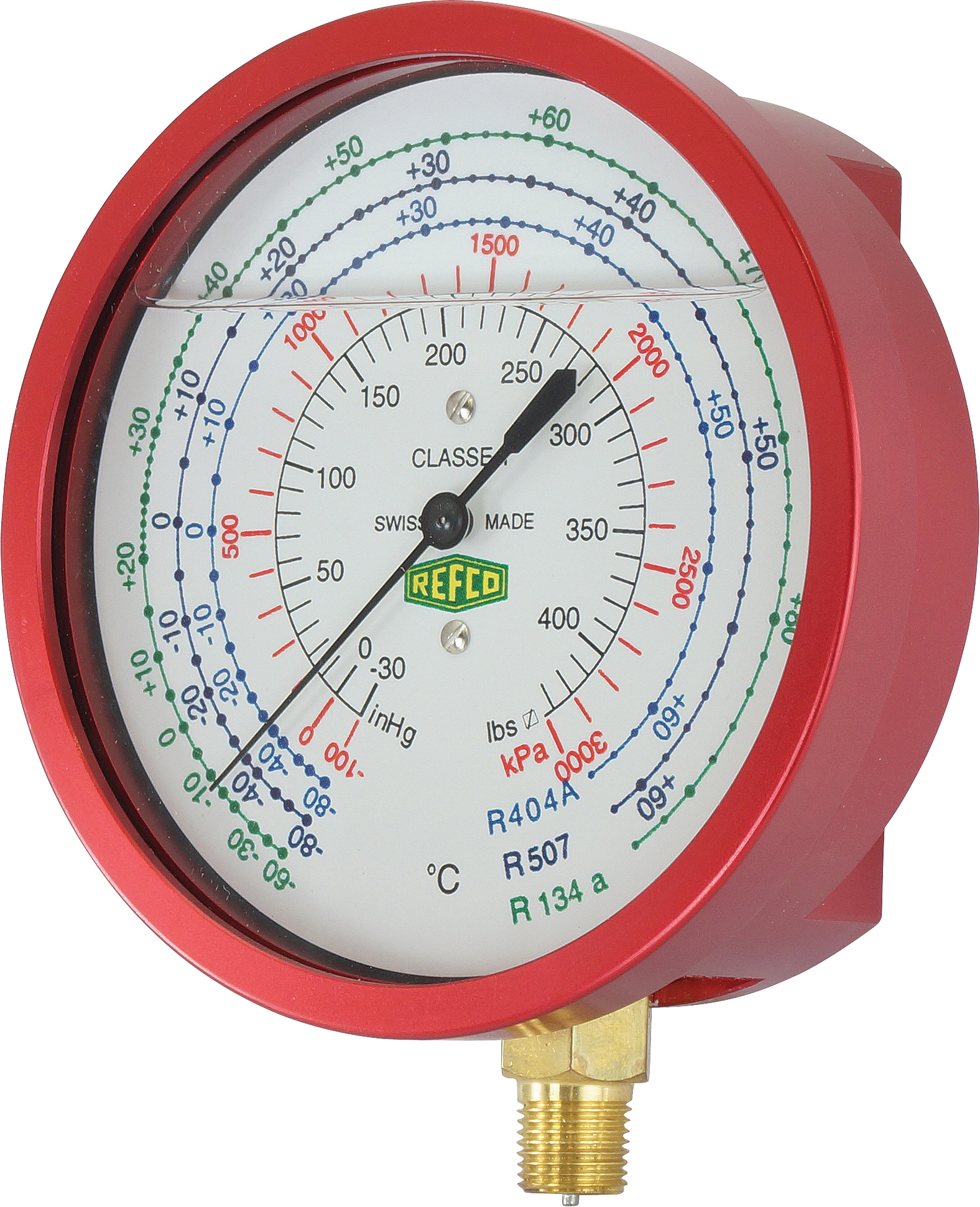 HIGH PRESSURE GAUGE, REFCO, R134A KPA/PSI, LIQUID FILLED, RED