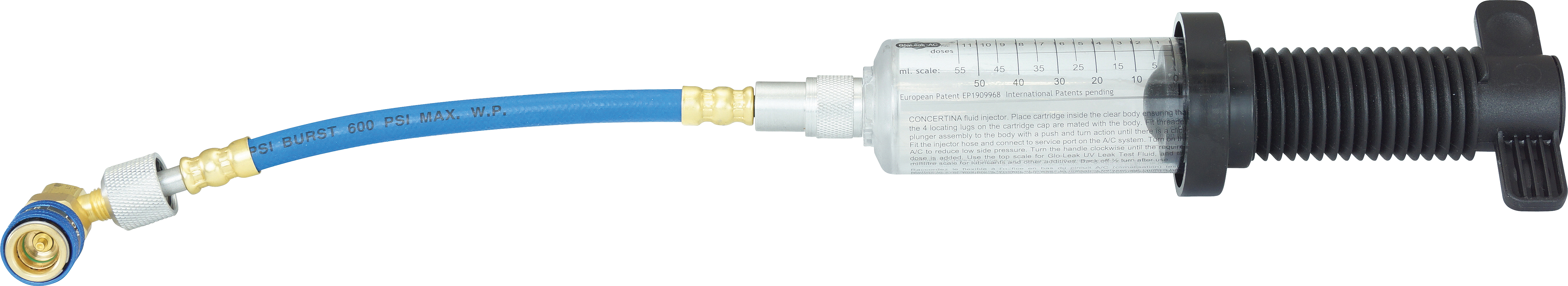 INJECTOR, R134A, CONCERTINA CARTRIDGE, PLASTIC (CLEAR ONLY), INCL HOSE & COUPLER