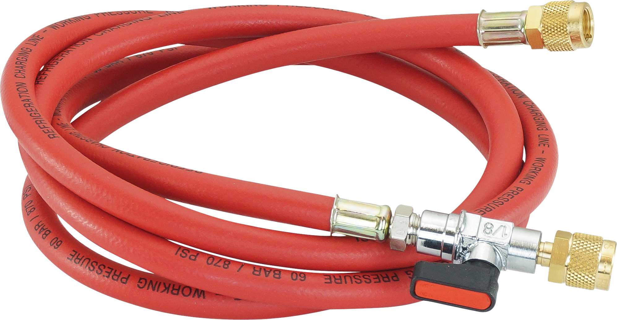 CHARGING HOSE, REFCO, R12, R134A, 1830MM, BALL VALVE, RED
