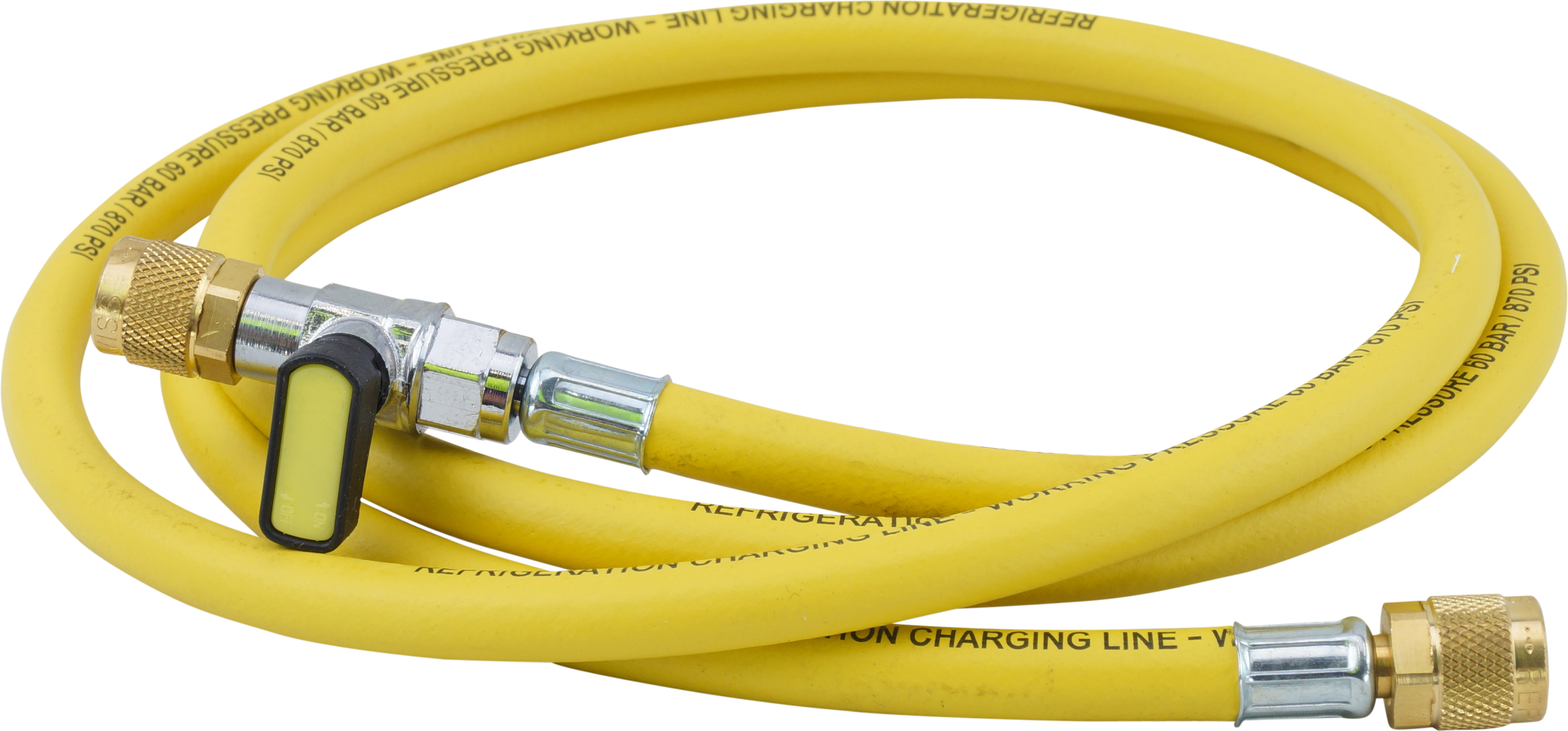 CHARGING HOSE, REFCO, R12, R134A, 1830MM, BALL VALVE, YELLOW