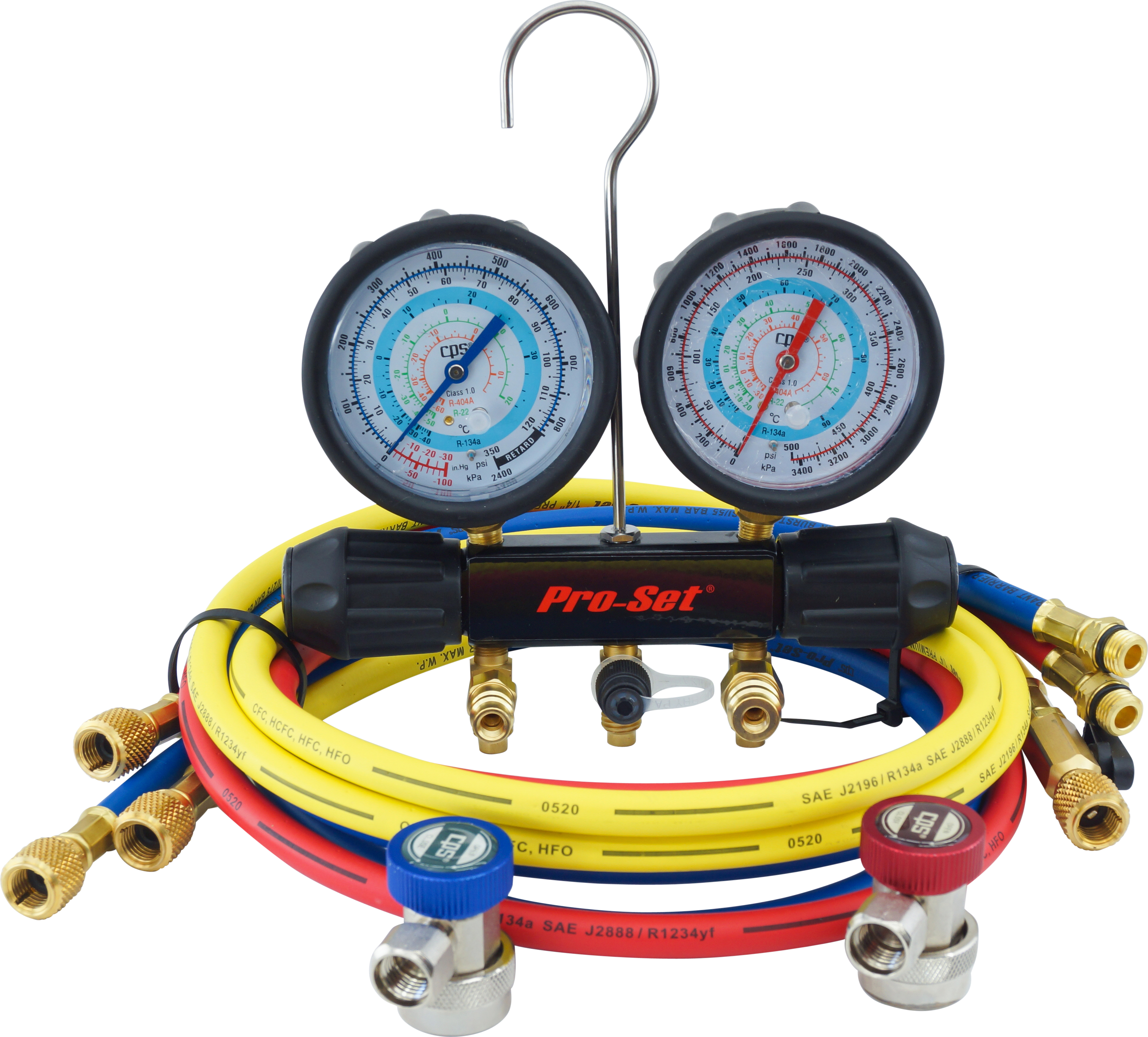 MANIFOLD GAUGE SET, CPS PRO-SET, 1830MM (72 INCH) 1/2-INCH ACME CHARGING HOSES, 80MM GAUGES W/ RUBBE