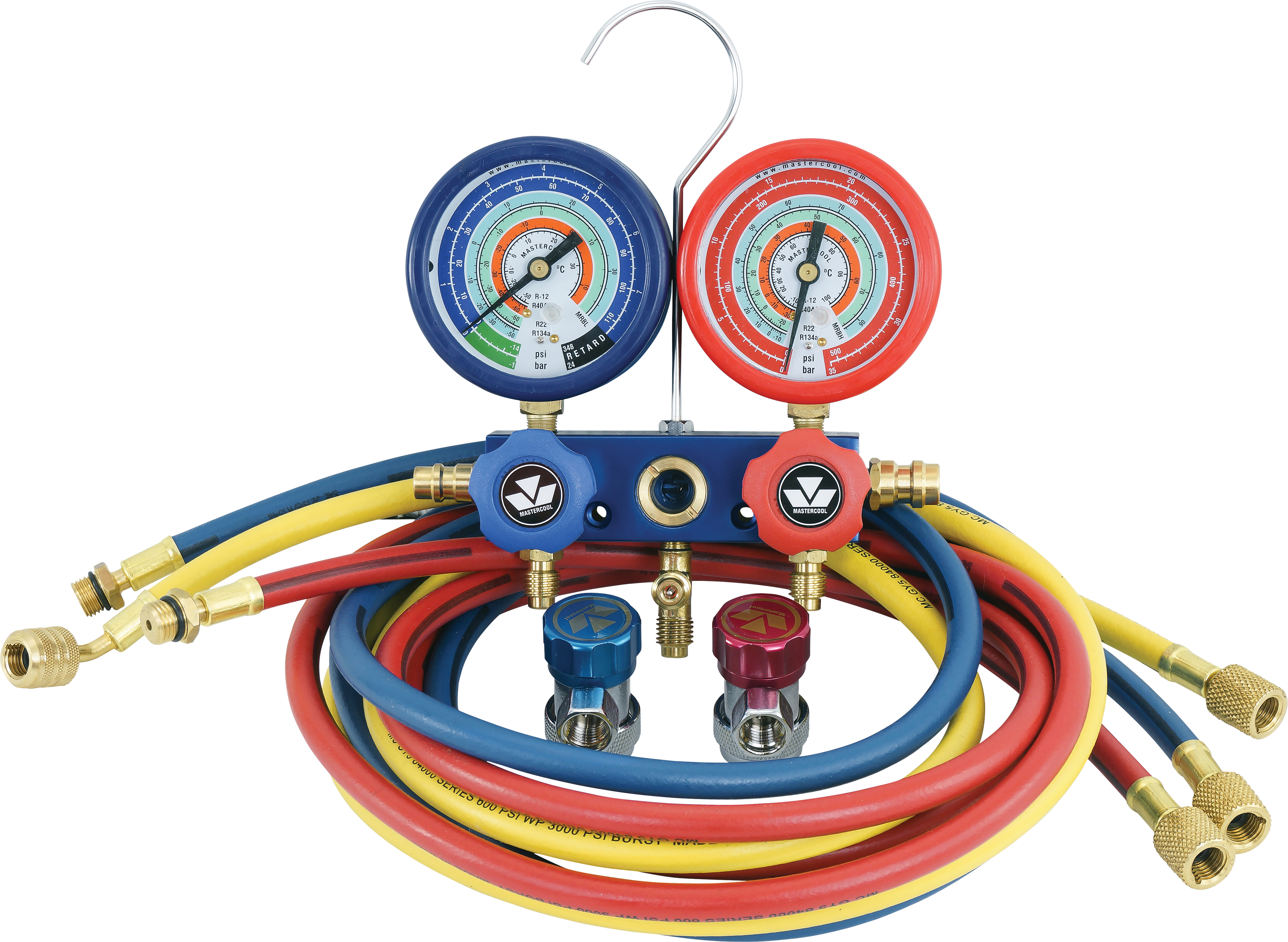 MANIFOLD GAUGE SET, MASTERCOOL, 1830MM (72 INCH) CHARGING HOSES & COUPLERS, FRONT WHEEL, 2-WAY, MULT