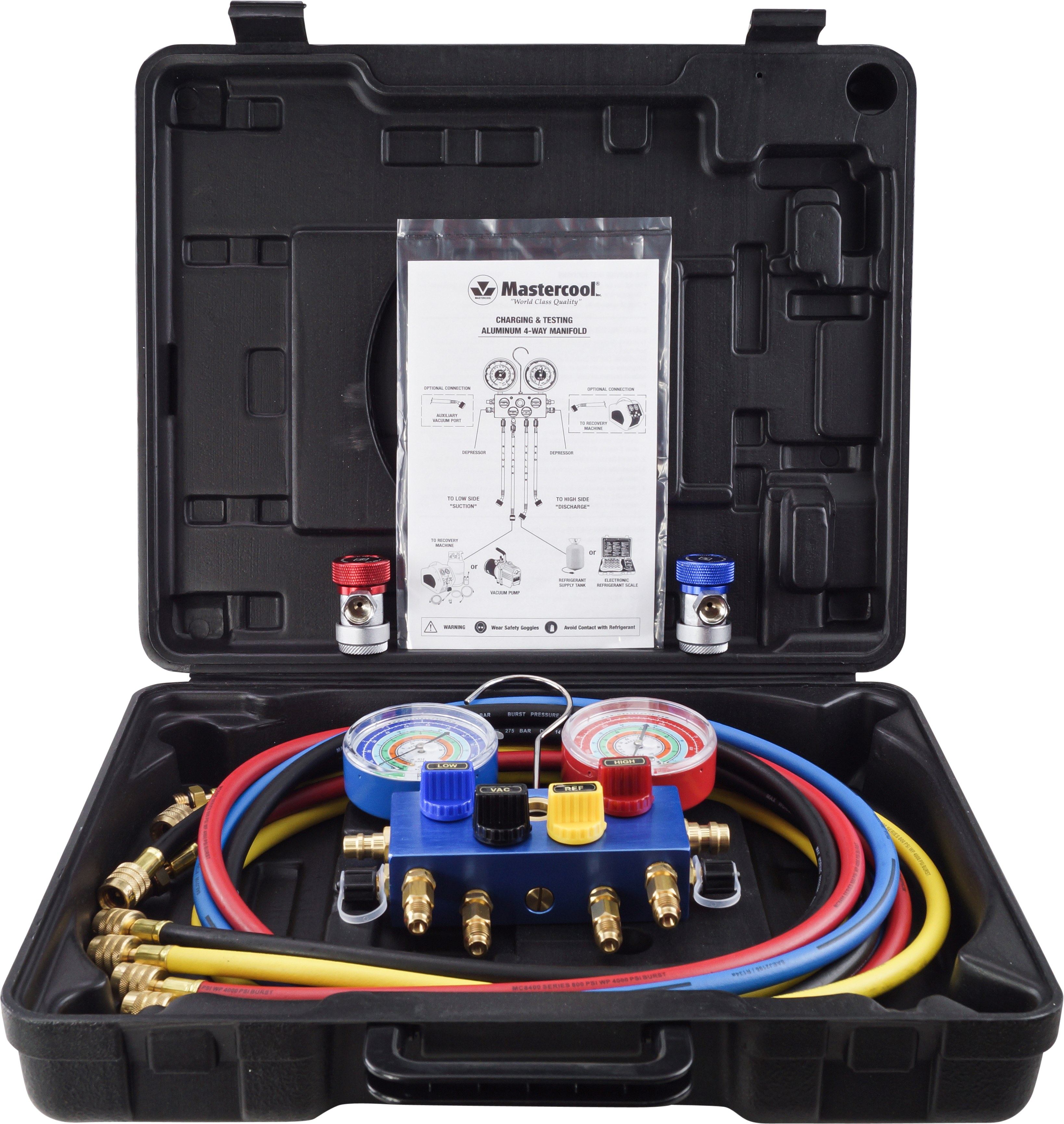 MANIFOLD GAUGE SET, MASTERCOOL, 1830MM (72 INCH) CHARGING HOSES & SWIVEL COUPLERS, FRONT WHEEL, 4-WA