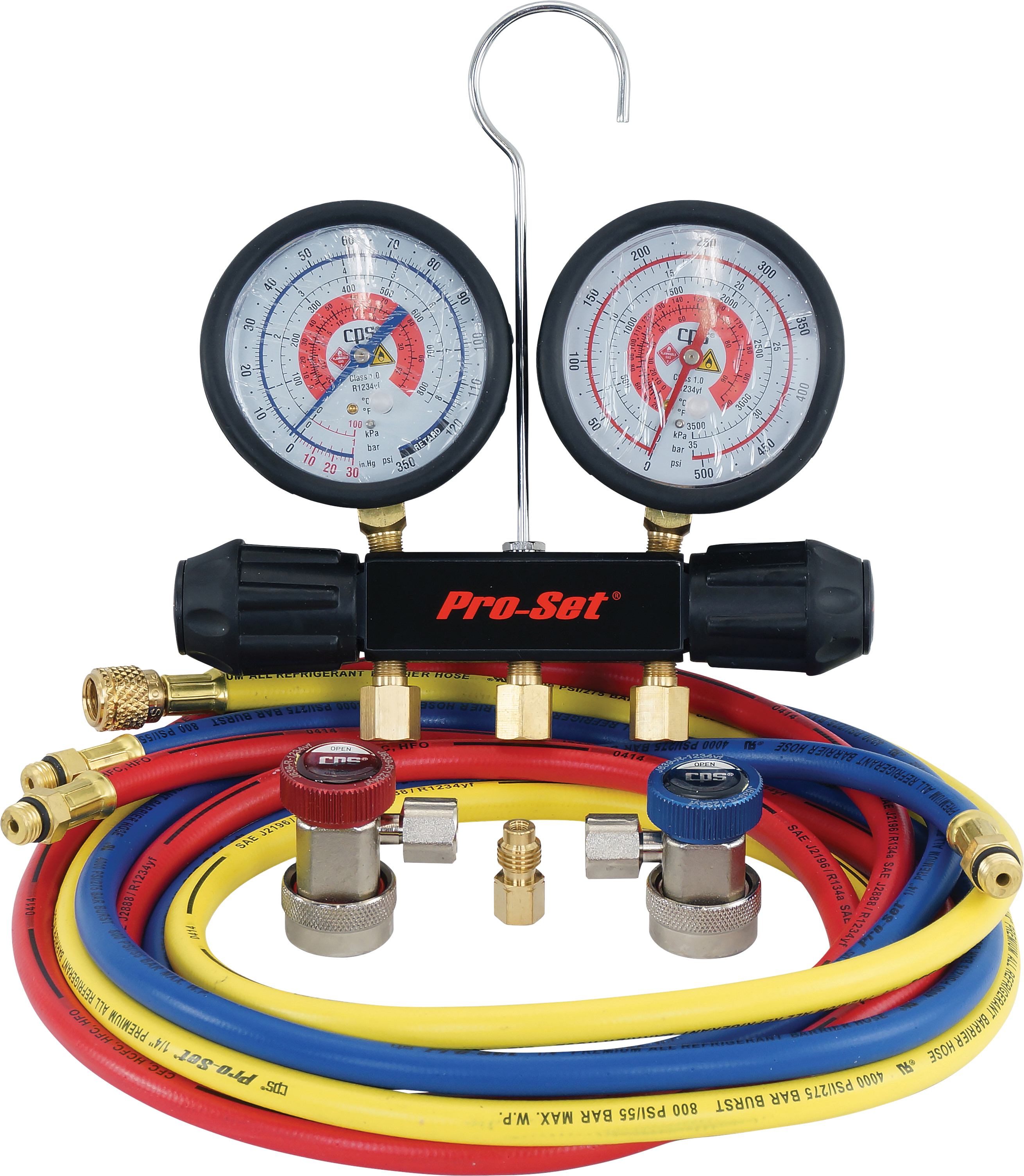 MANIFOLD GAUGE SET, CPS, R1234YF, 1830MM (72 INCH) CHARGING HOSES, SIDE WHEEL, 2-WAY, INCL HOSES, CO