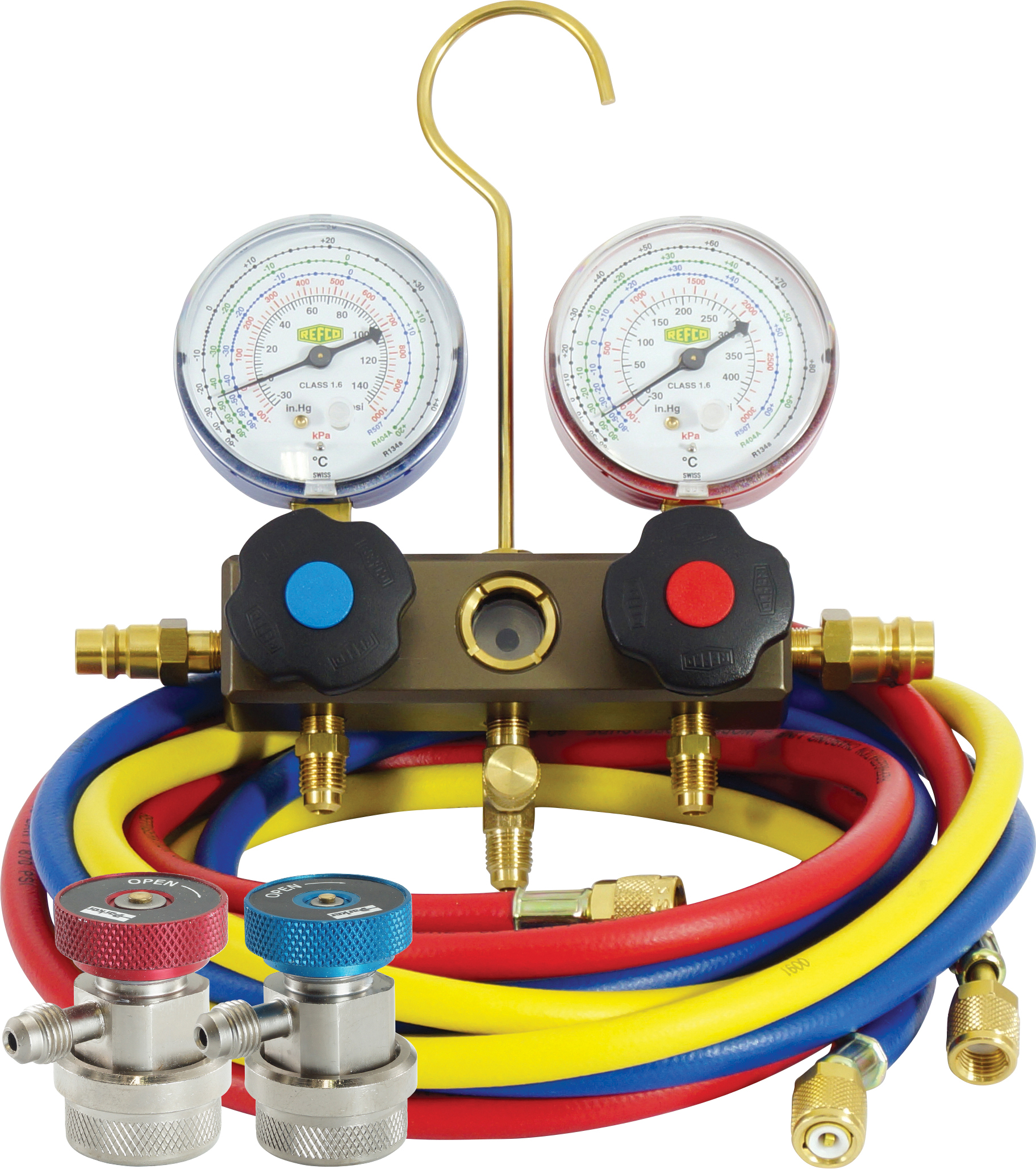 MANIFOLD GAUGE SET, REFCO, 1830MM (72 INCH) CHARGING HOSES, FRONT WHEEL, 2-WAY, MULTI-REFRIGERANT, I