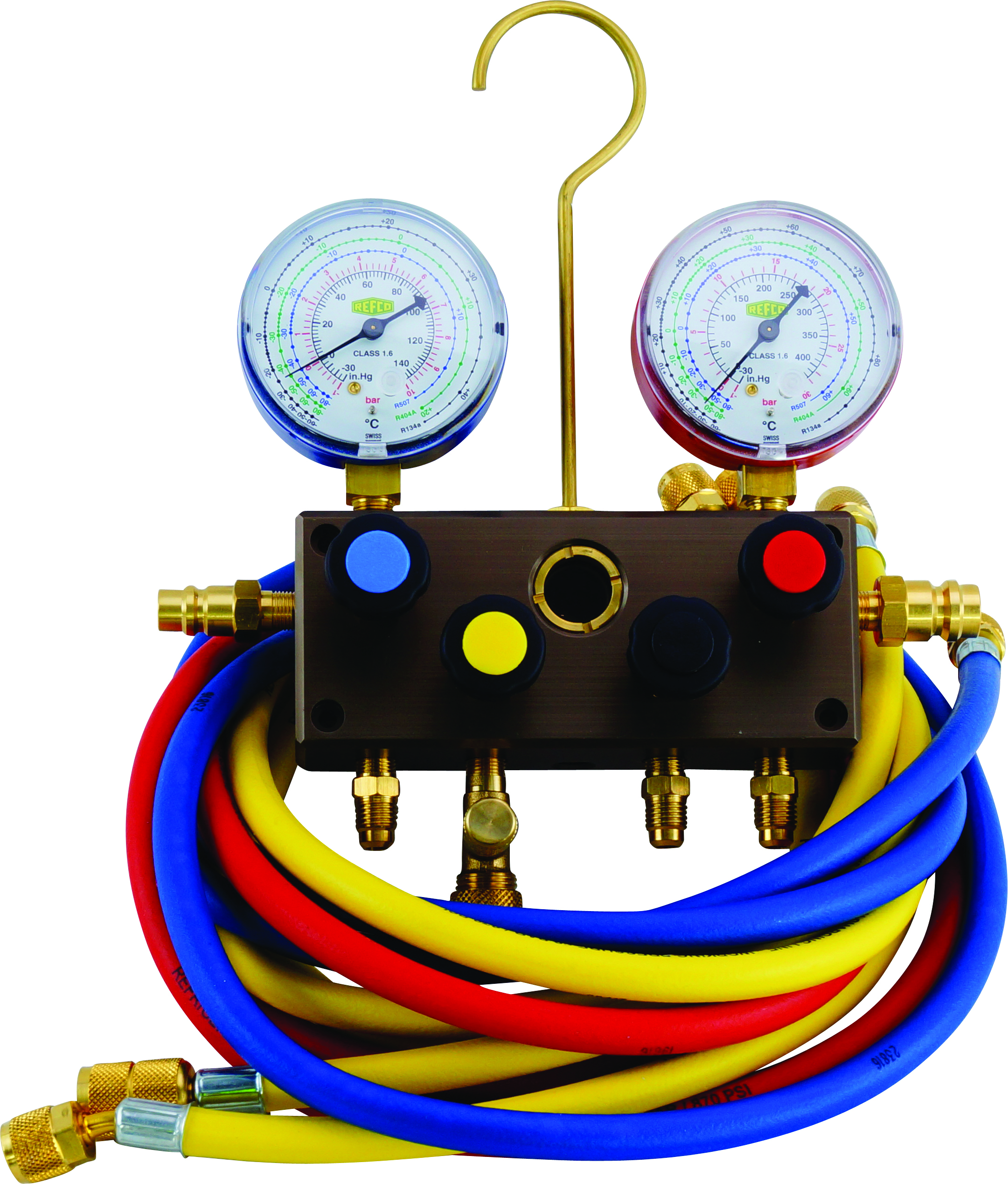 MANIFOLD GAUGE SET, REFCO, 1830MM (72 INCH) CHARGING HOSES, FRONT WHEEL, 4-WAY, BOURDON GAUGES, WITH